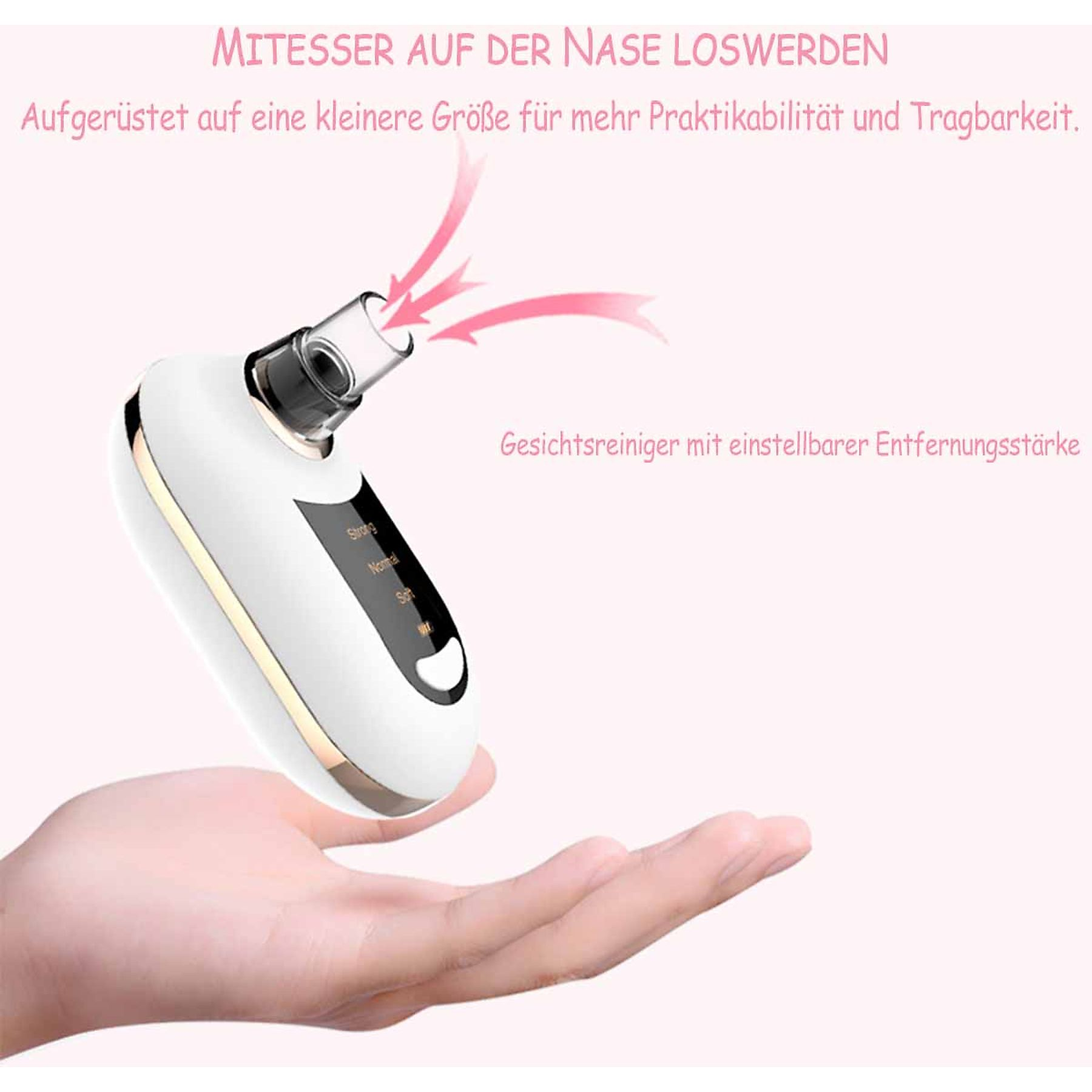 Ein weißer Gesichtsreiniger mit einstellbaren Stärkestufen wird gehalten.