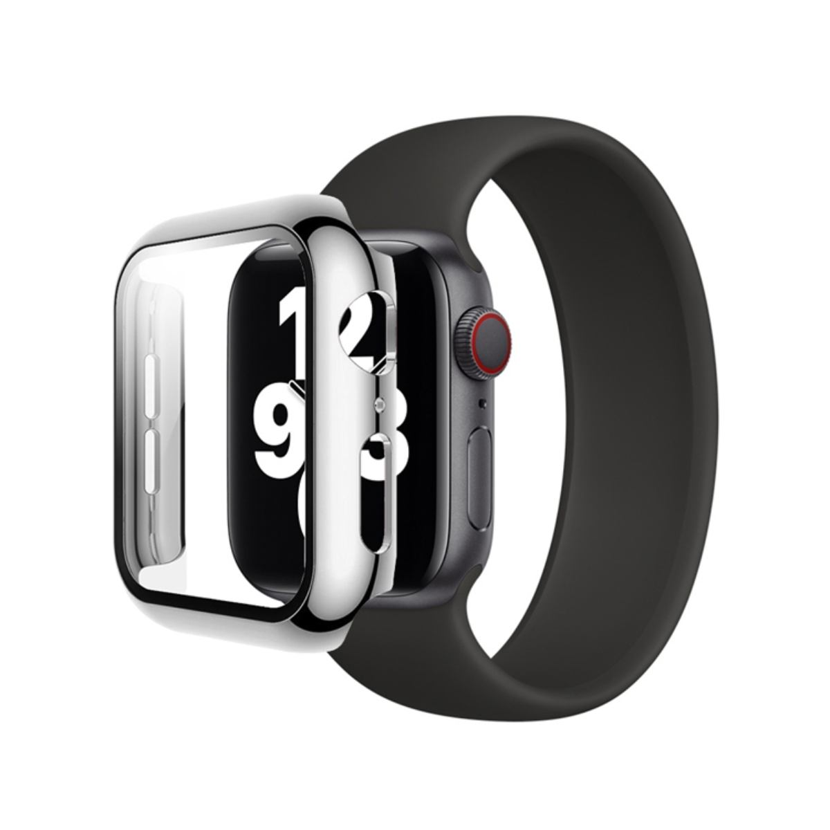 Apple Watch argento e nero con cinturino nero, custodia trasparente, su bianco.