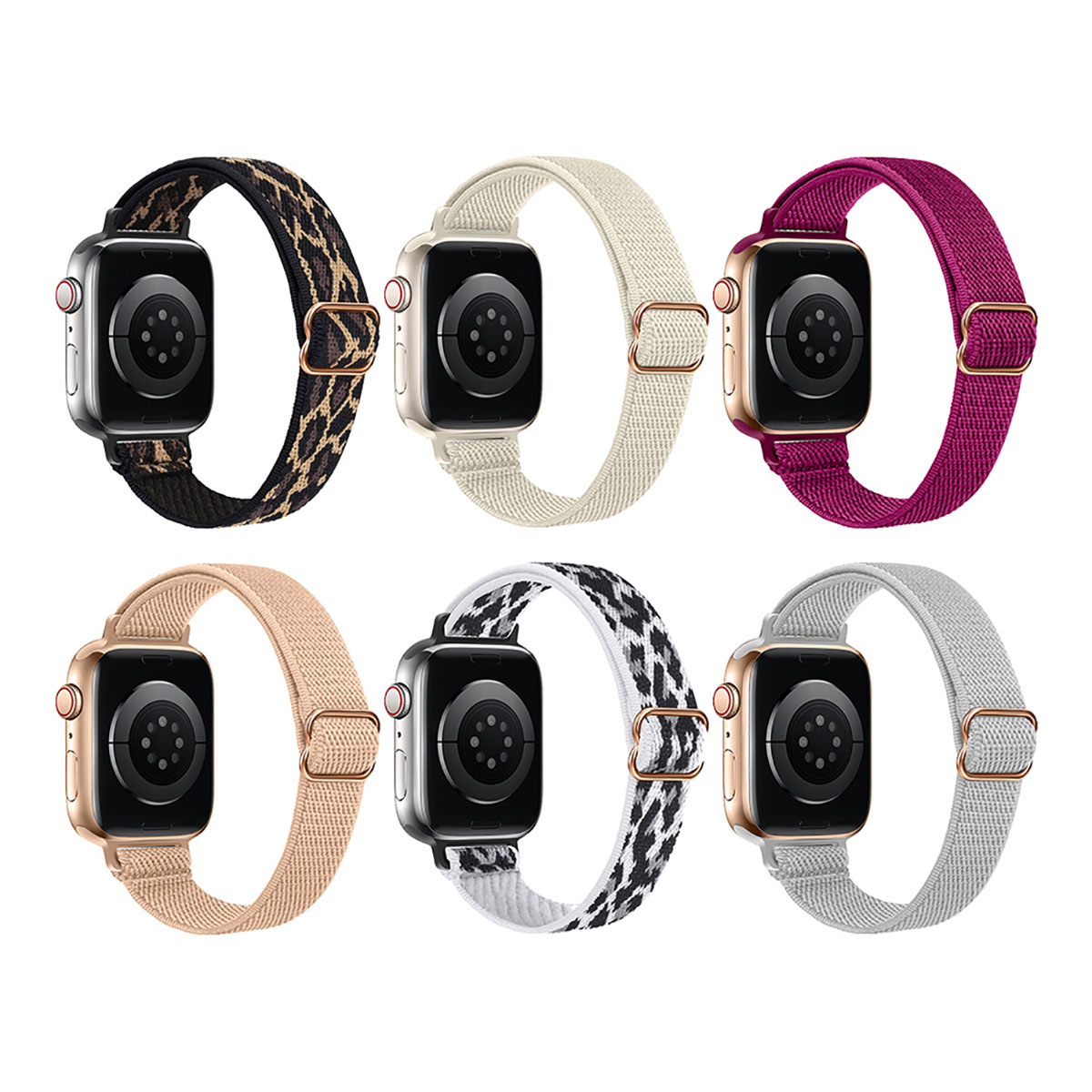 Seis correas para Apple Watch en varios colores y diseños, dispuestas sobre una superficie blanca.