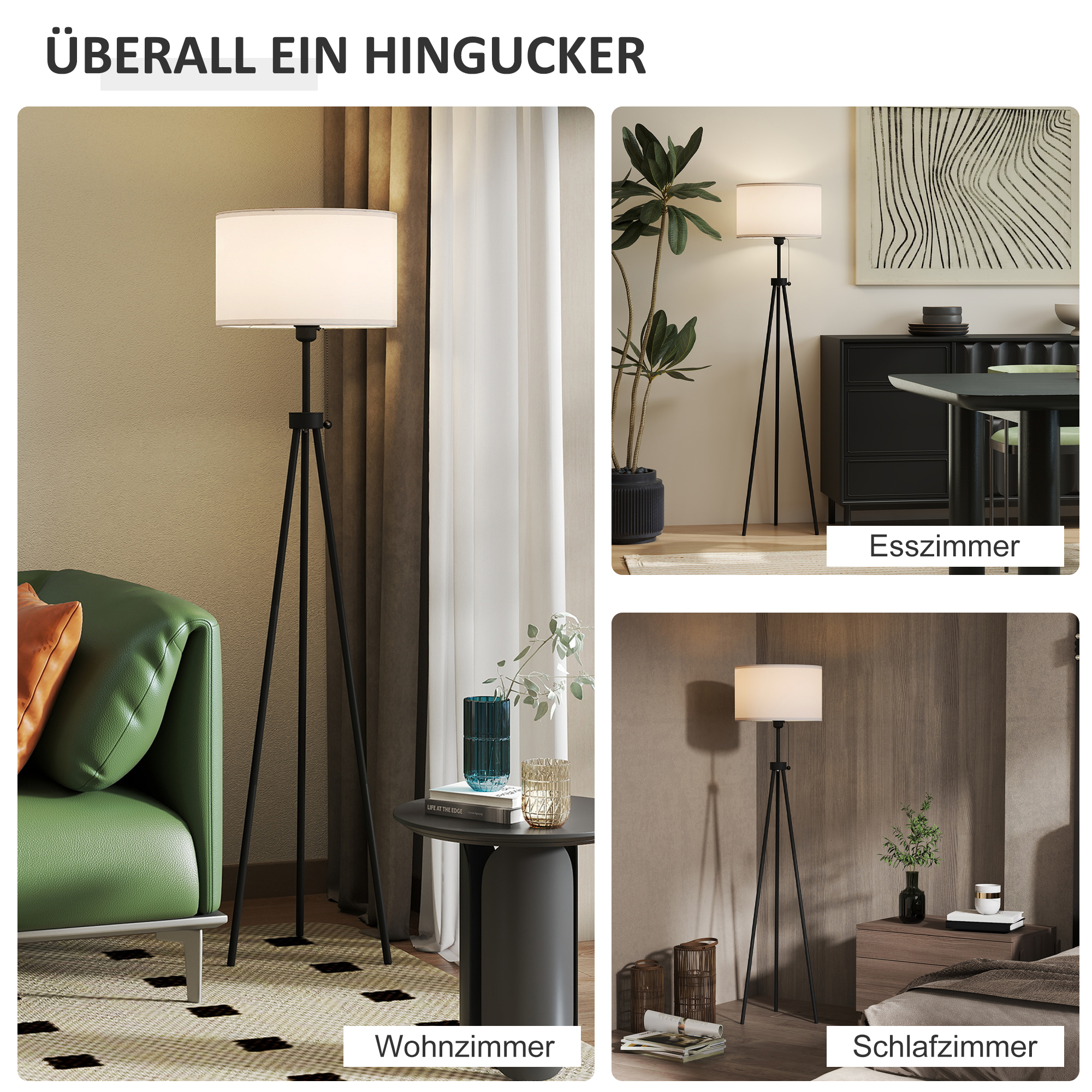 Mehrere Räume mit Lampe. Schwarze Stativlampe mit weißem Schirm wird angezeigt.