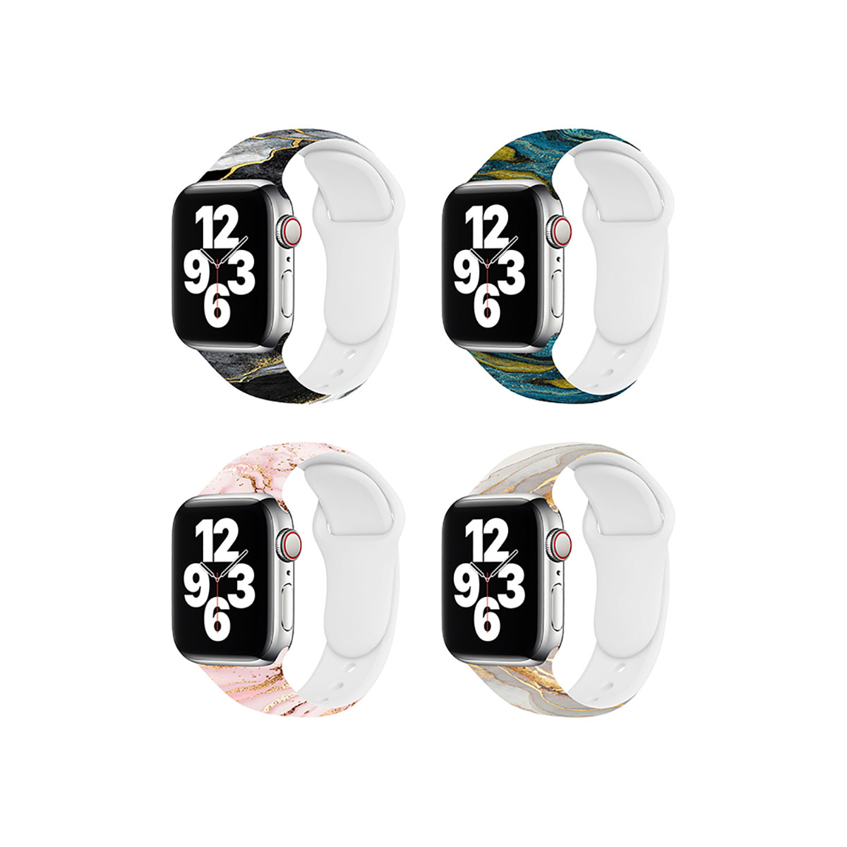 Quattro Apple Watch con diversi cinturini. Ognuno ha uno schermo nero e un cinturino bianco.