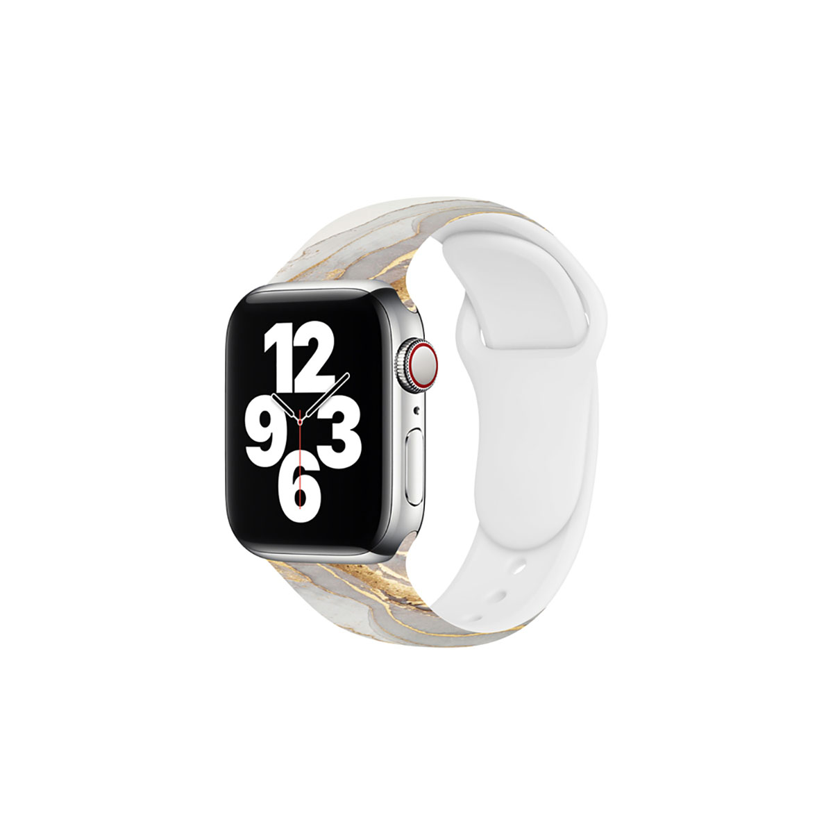 Apple Watch argentato con cinturino a fantasia marmorea, cinturino bianco e pulsante laterale rosso.