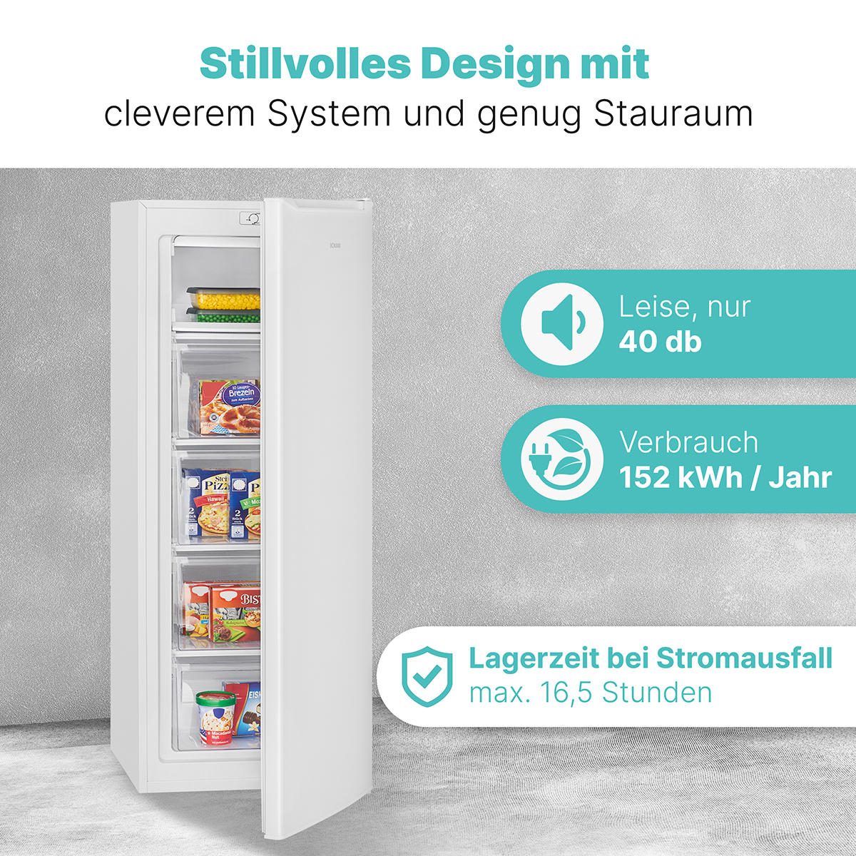 Das Bild zeigt einen weißen Kühlschrank, der geöffnet ist und Tiefkühlkost enthält, sowie Informationstext über seine Eigenschaften.