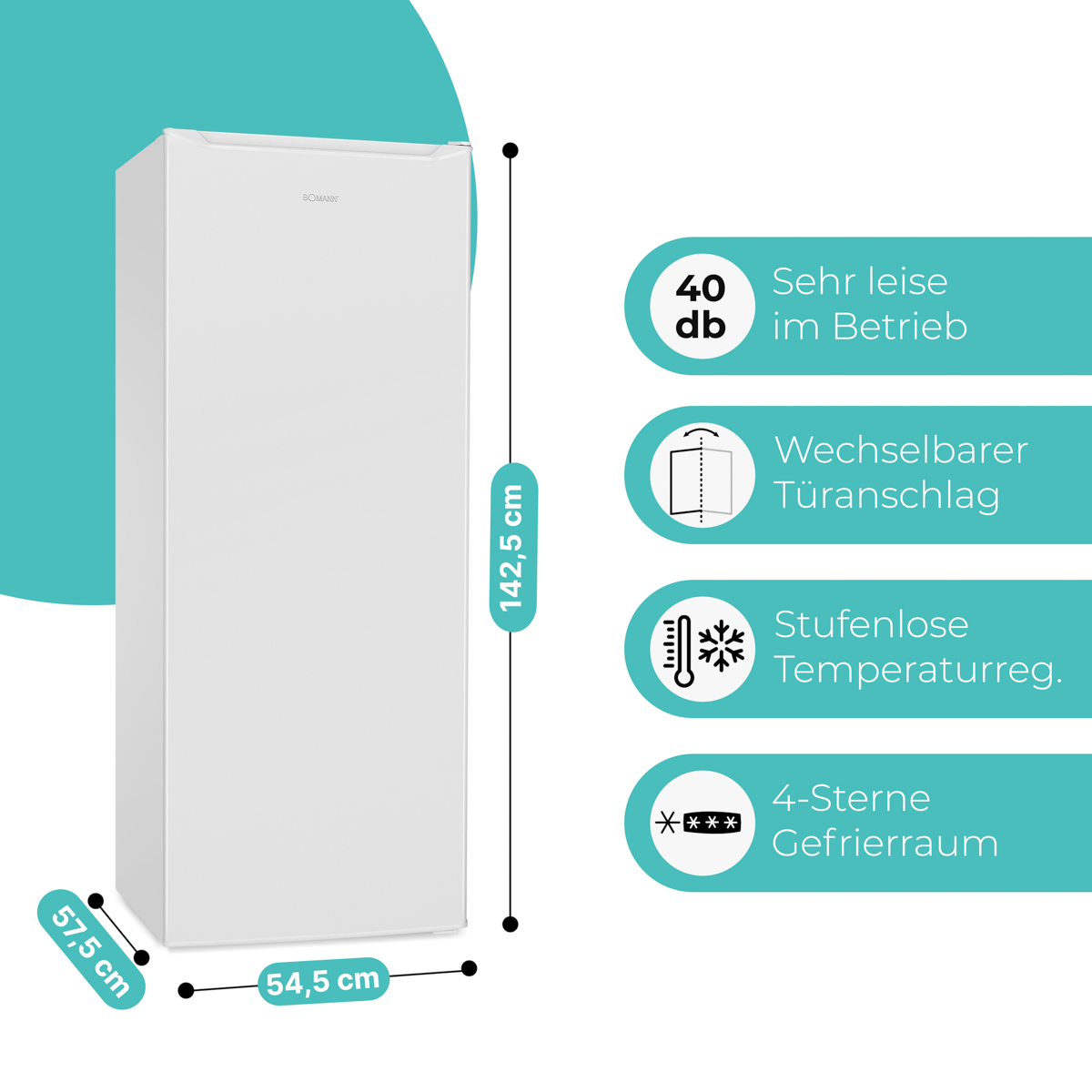 Ein weißer Kühlschrank mit Abmessungen und Symbolen, die Funktionen bezeichnen.