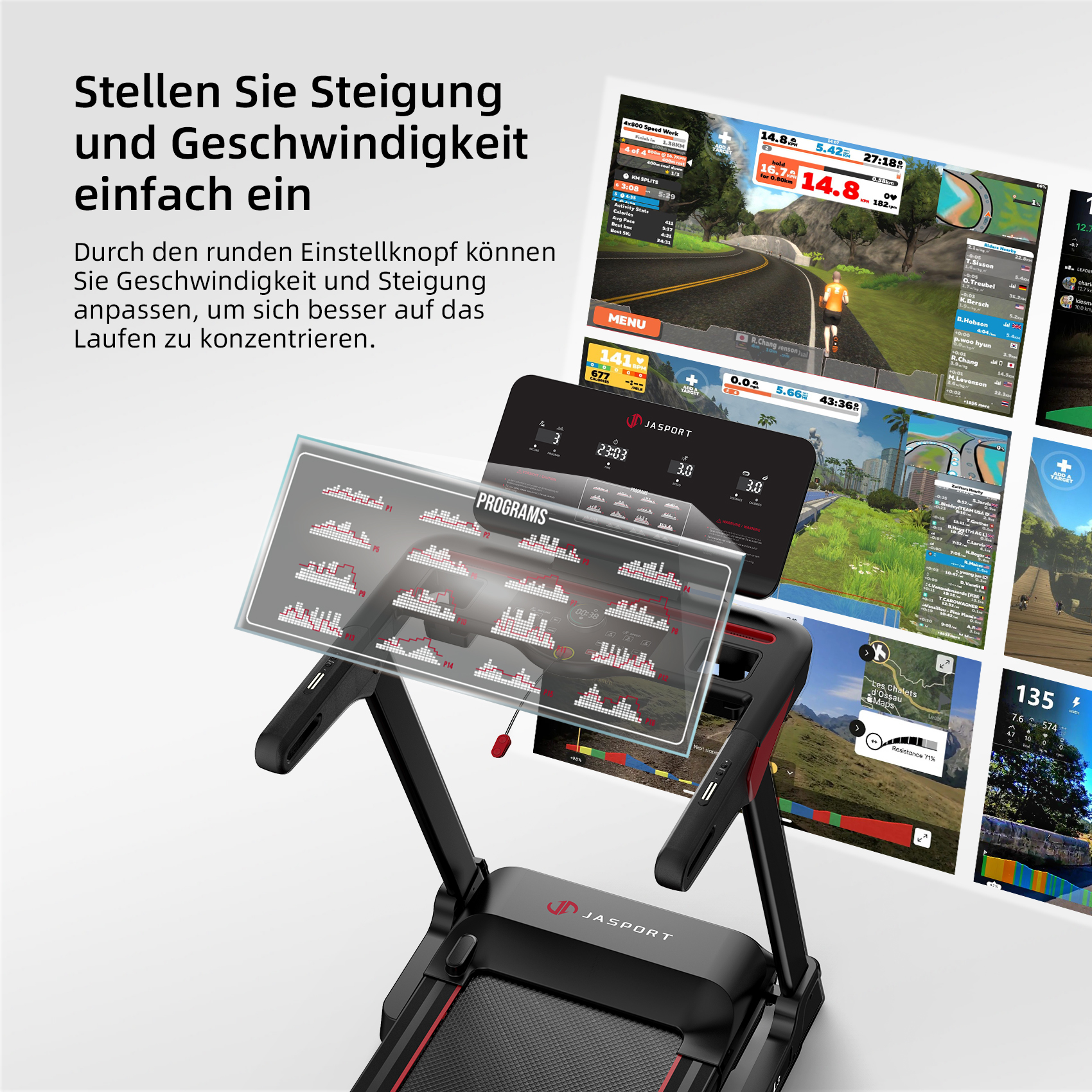 Laufband mit Bildschirm, der Programme anzeigt. Anzeigen zeigen Geschwindigkeits- und Steigungsanpassungen.
