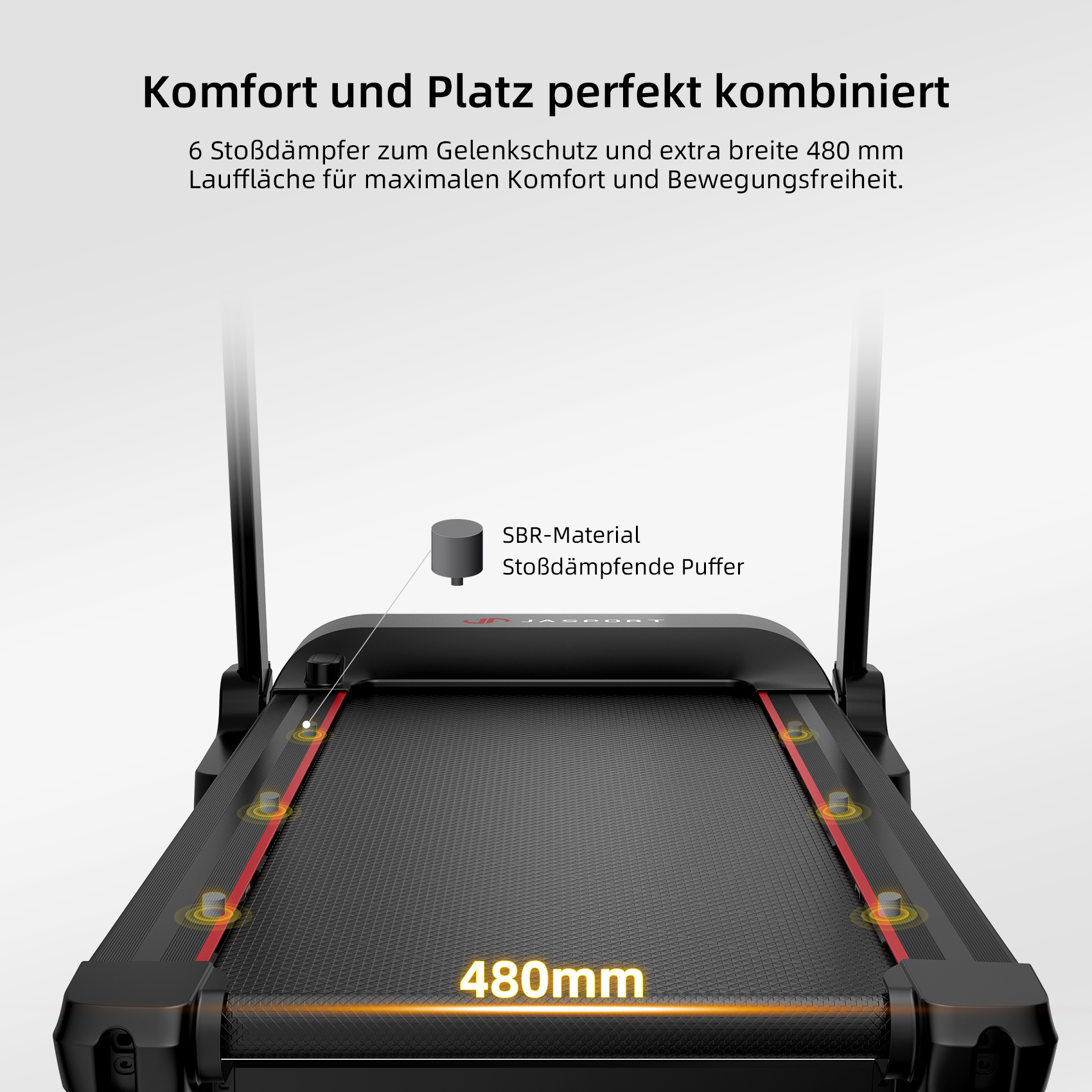 Laufband mit Nahaufnahme der Lauffläche und Polsterung.