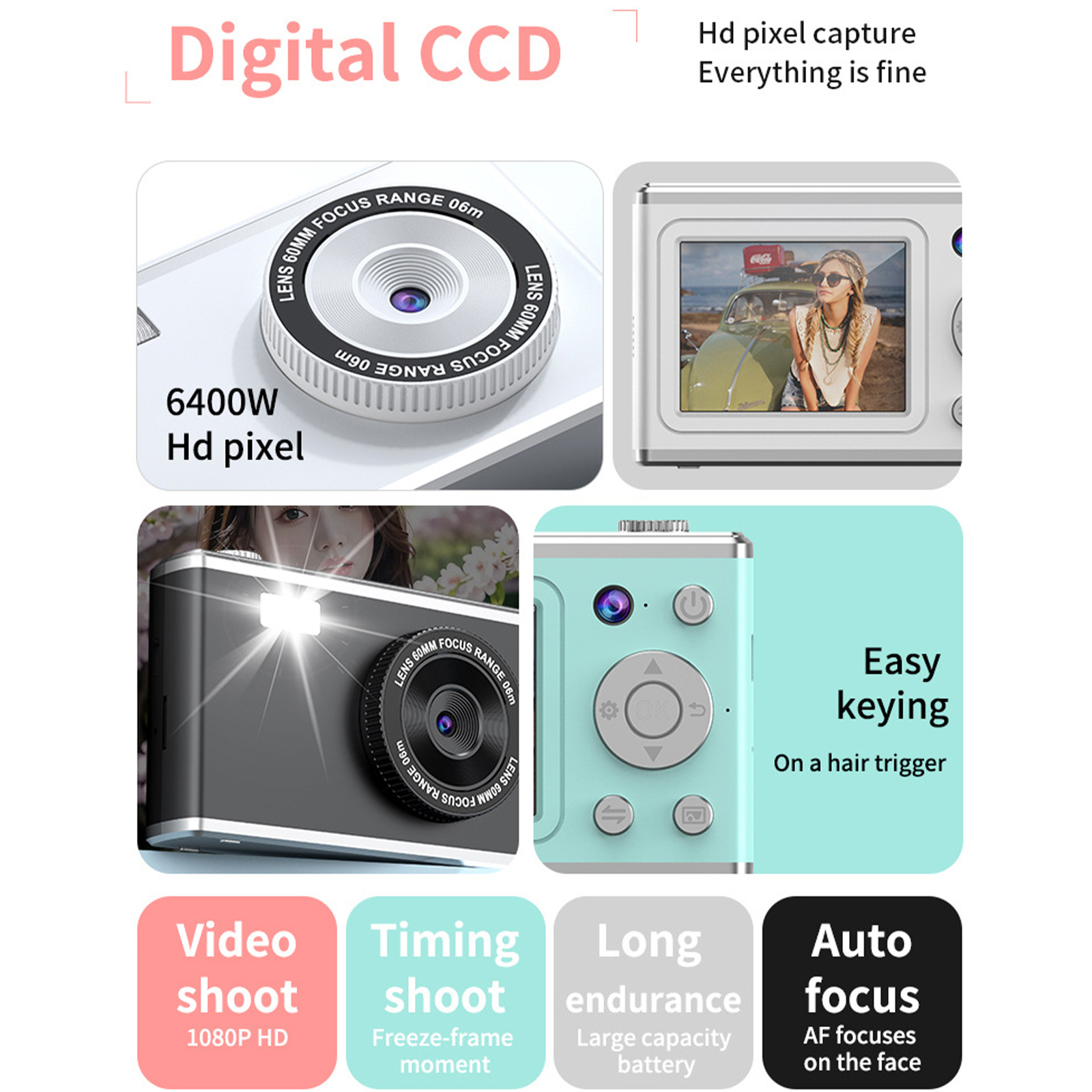 Eine Digitalkamera mit einem Display, das ein Foto zeigt, und Text zu Video, Timing und Autofokus.