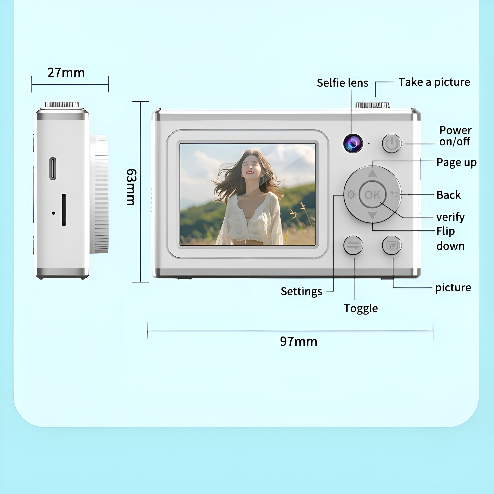 Eine weiße Digitalkamera mit Bildschirm, Knöpfen und beschrifteten Abmessungen.