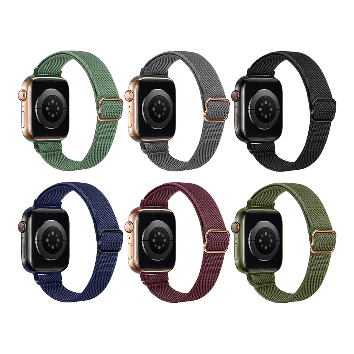 Sei cinturini per orologi in diversi colori: verde, grigio, nero, blu, bordeaux e oliva.