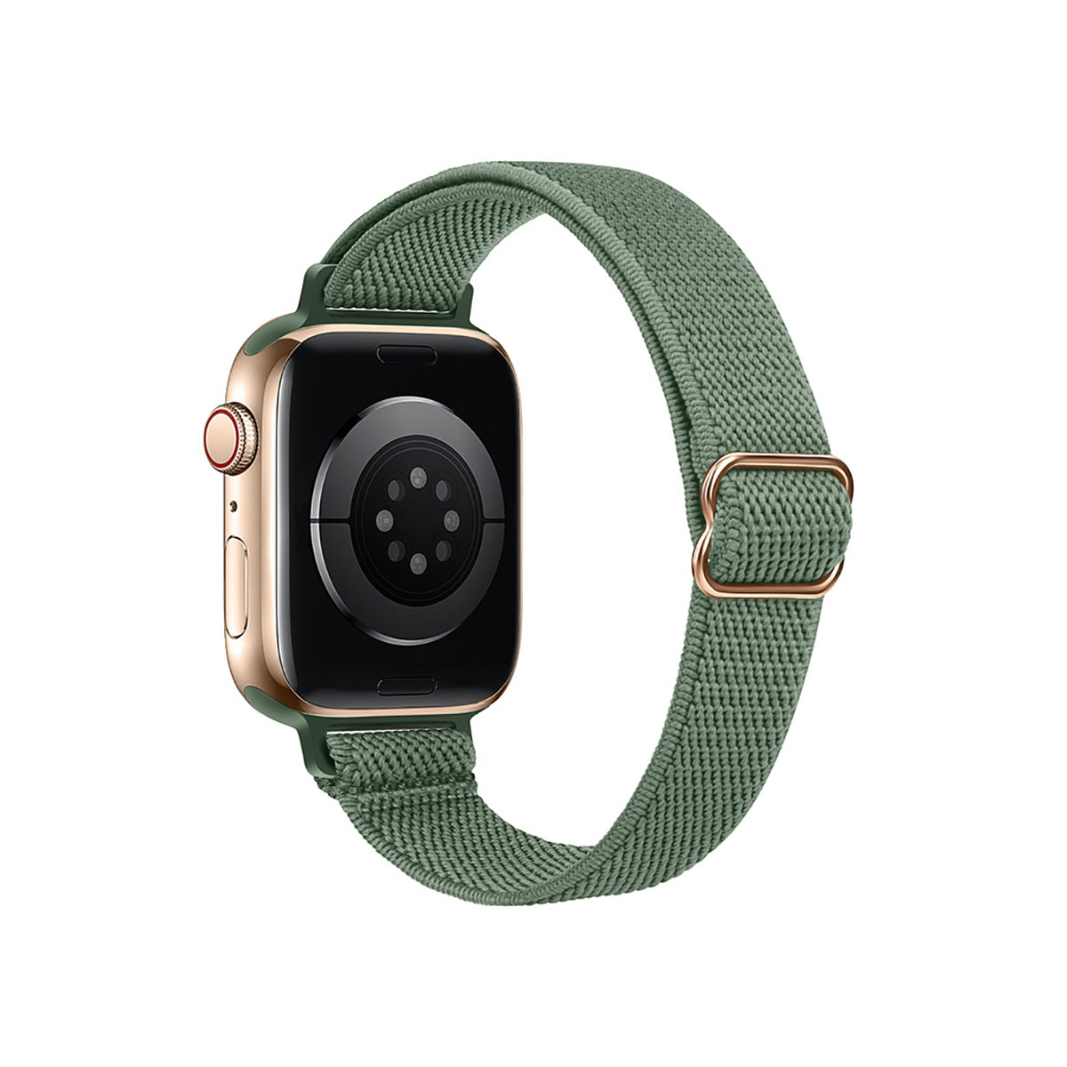 Apple Watch dorato con cinturino verde, primo piano.