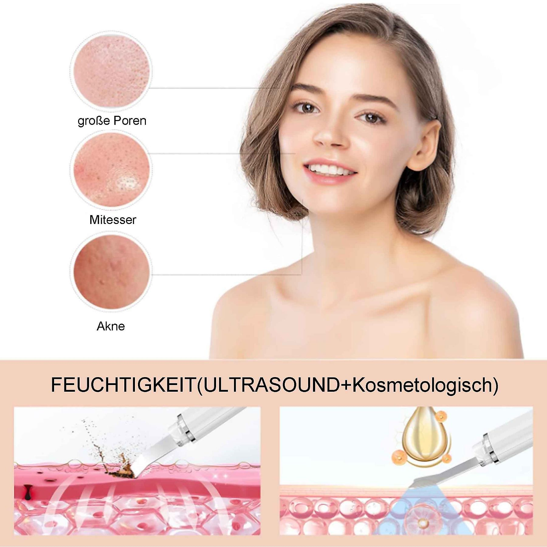 Eine Frau mit klarer Haut, Diagramme mit Hauterkrankungen.