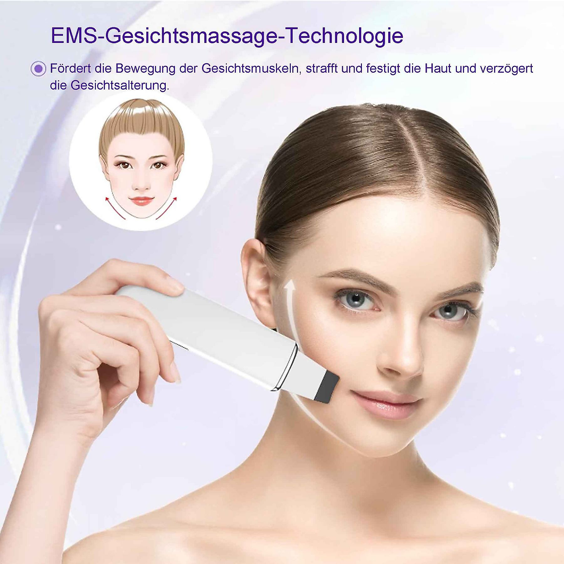 Frau benutzt Gesichtsmassagegerät. Das Gerät wird an der Wange gehalten.