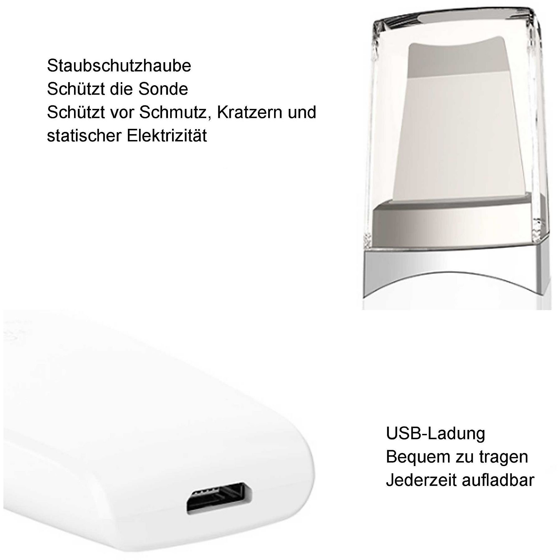 Ein weißes Schönheitsgerät mit USB-Anschluss und Schutzhülle.
