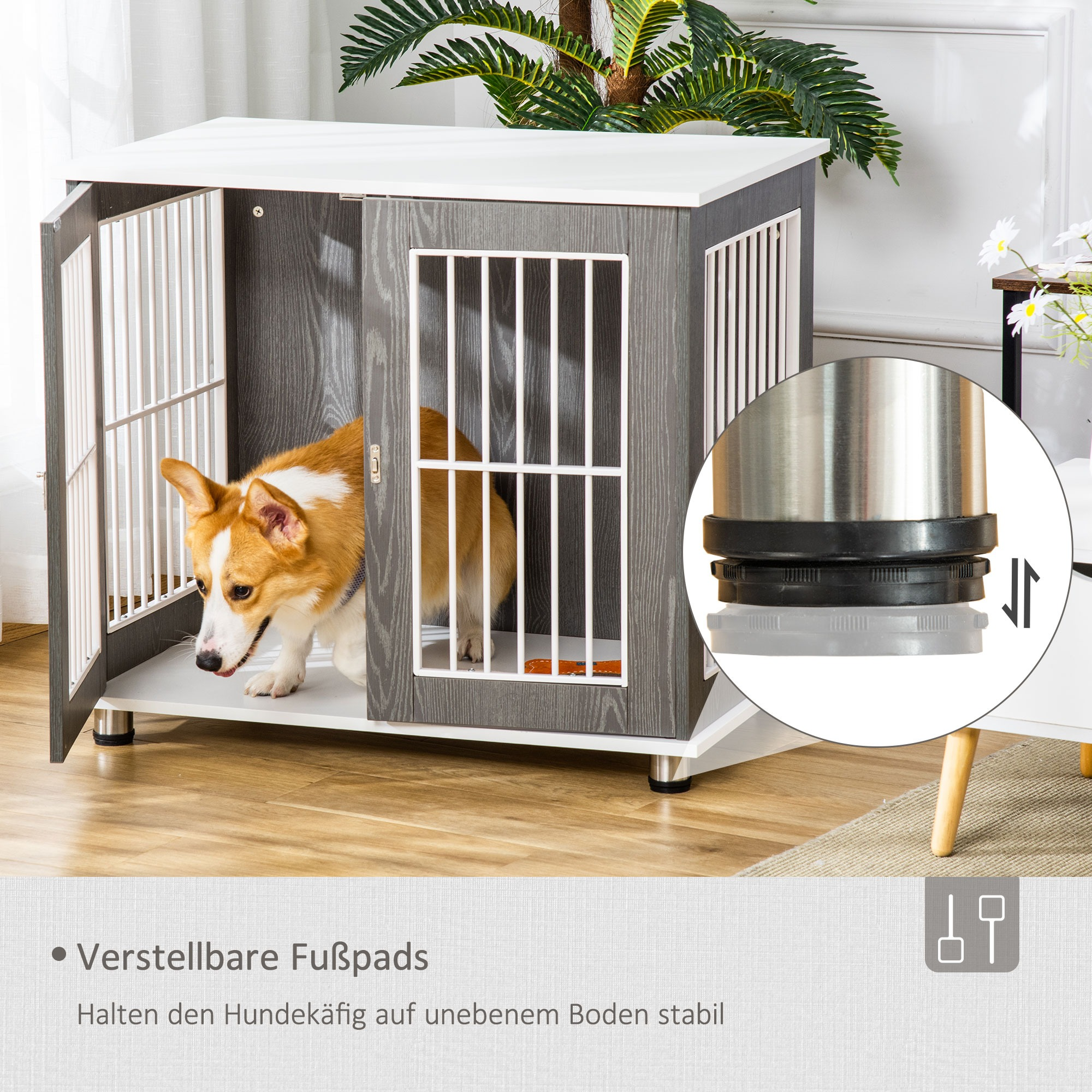 Hund in einem Hundehäuschen aus Holz mit weißer Tür. Nahaufnahme zeigt verstellbare Füße.