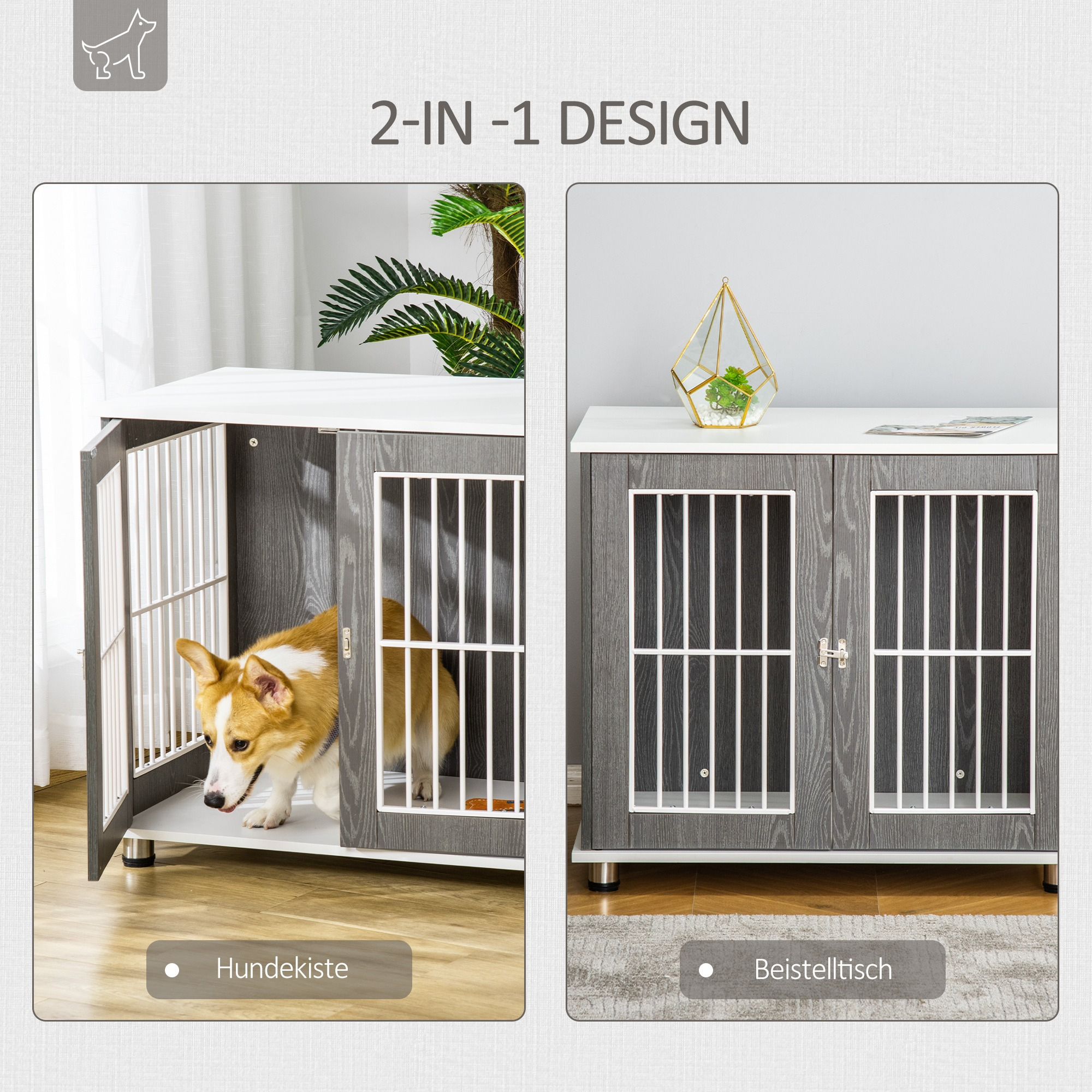 Hundebox- und Beistelltisch-Kombination. Ein Hund in der Box, Tür offen.
