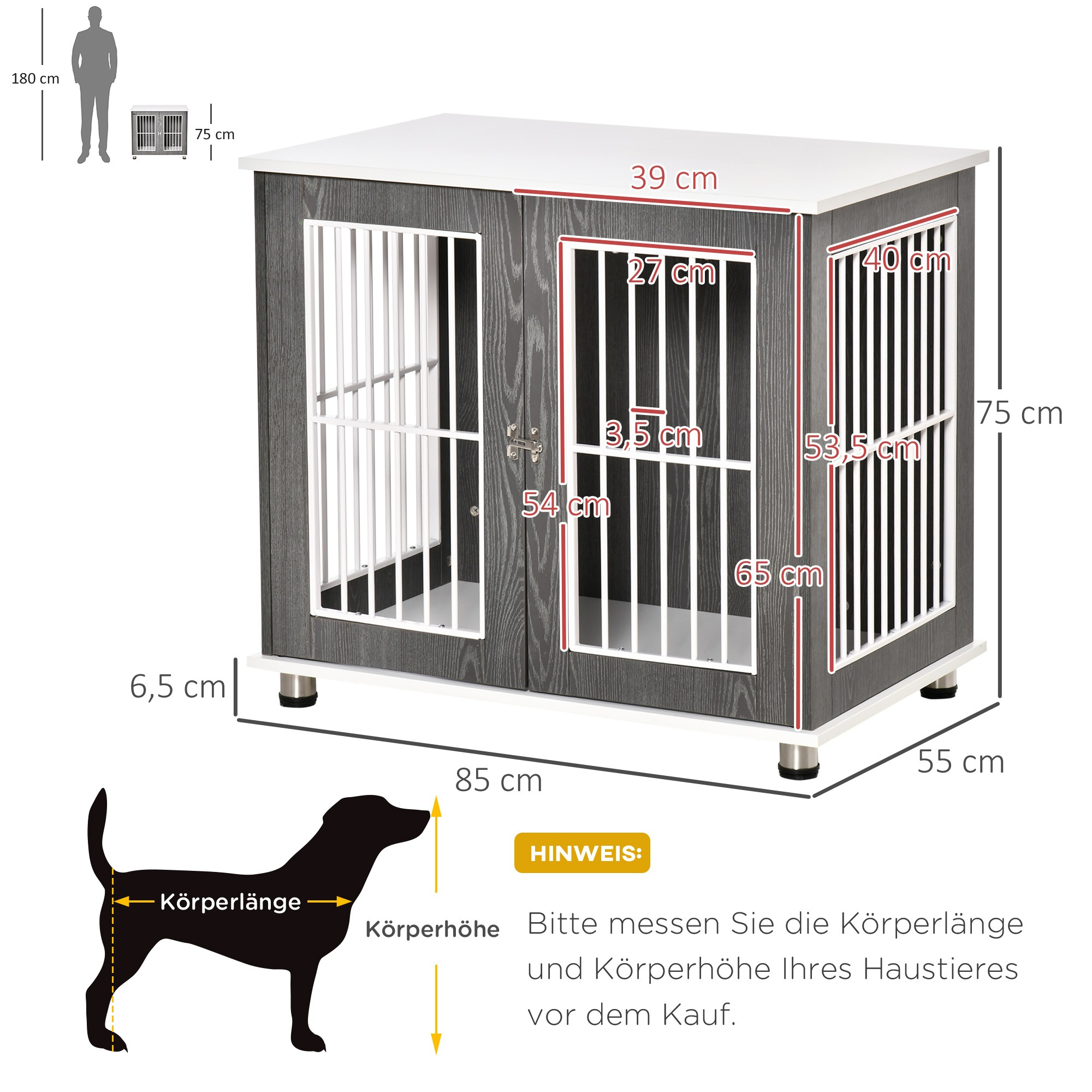 Eine Hundehütte mit Abmessungen und einer Hunde-Silhouette. Die Hütte hat zwei Türen.