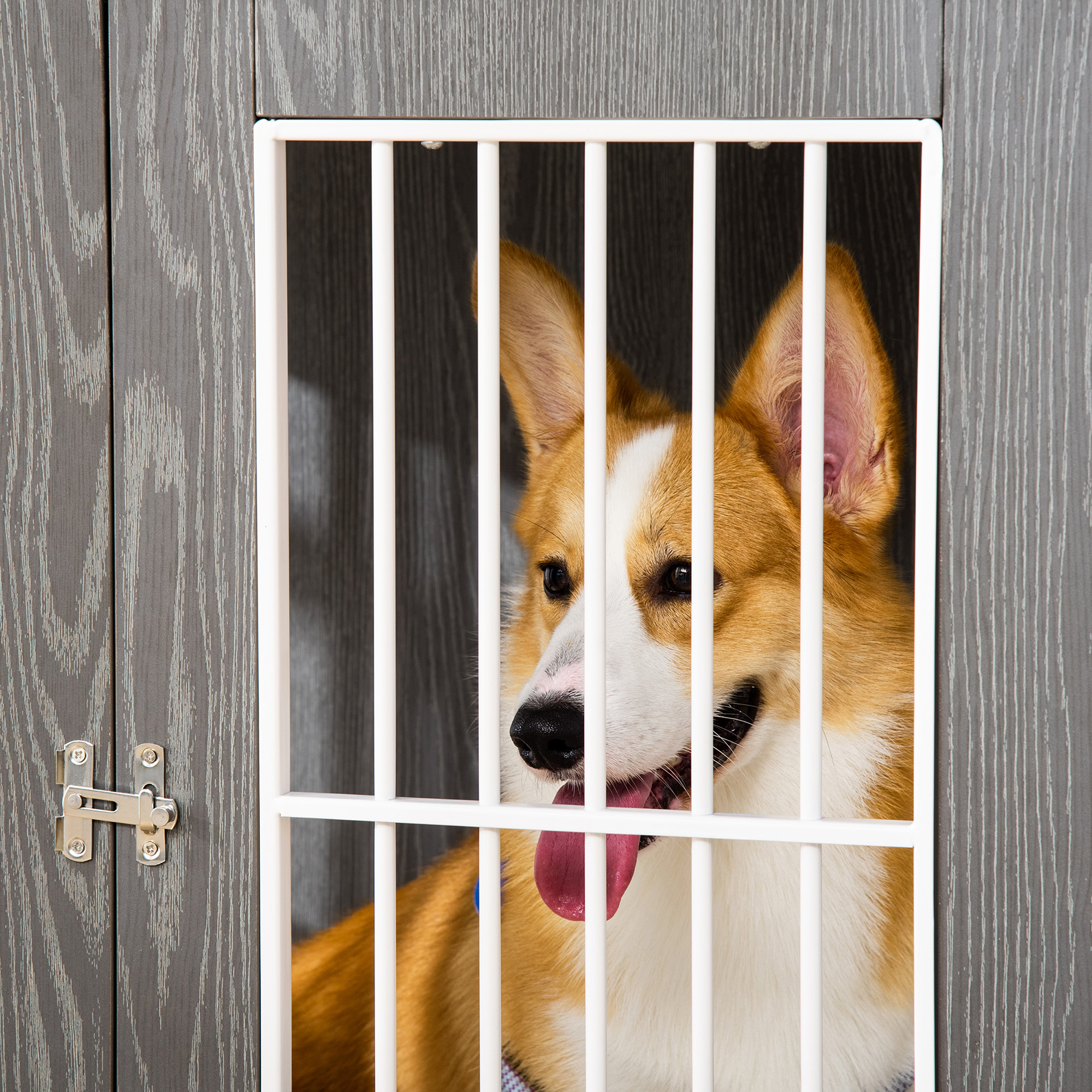 Ein Corgi-Hund hinter weißen Stäben in einem hölzernen Hundehäuschen, der in die Kamera blickt.