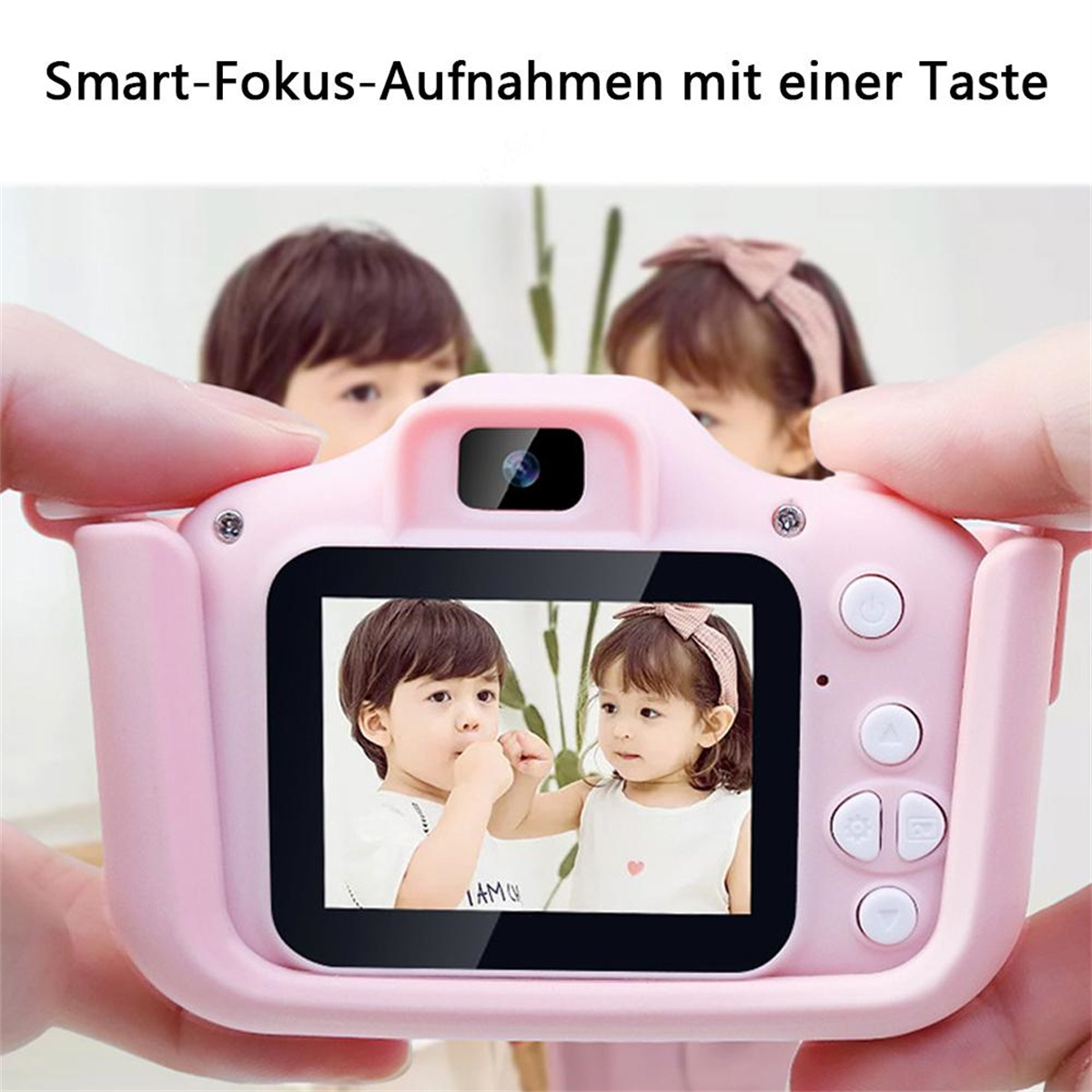 Rosa Kamera mit Bildschirm, der zwei Kinder zeigt.