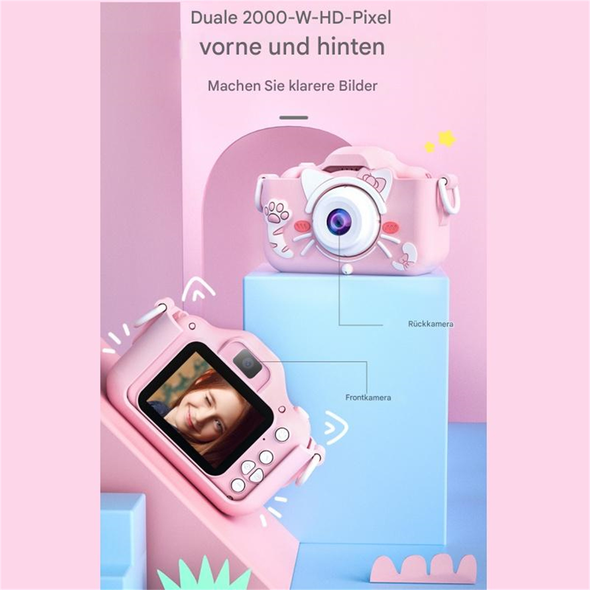 Rosa Spielzeugkamera mit Katzendesign. Auf dem Bildschirm wird ein Bild eines Mädchens gezeigt. Anderer Text ist auf Deutsch.
