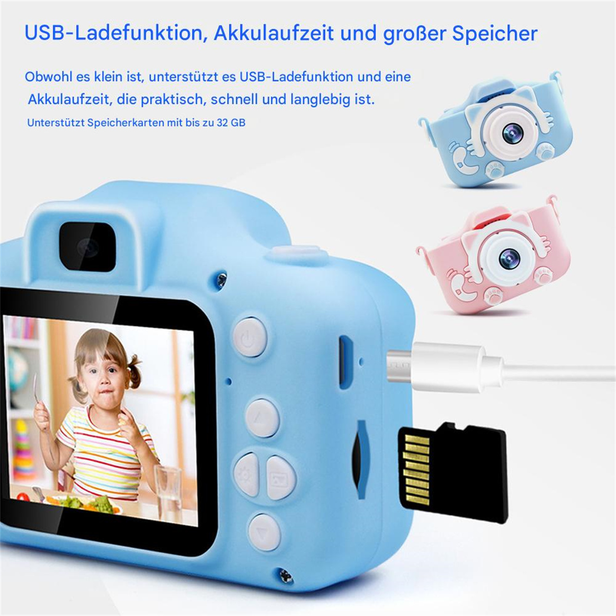 Blaue Spielzeugkamera mit Kinderfoto, plus zwei kleinere Kameras.