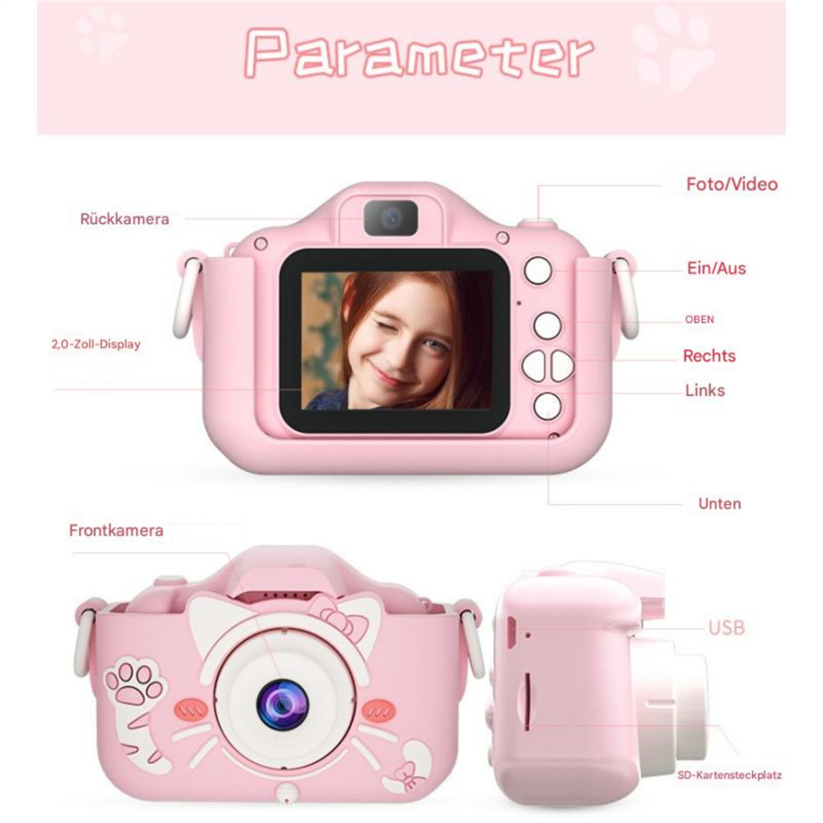 Rosa Kinderkamera mit Knöpfen und Bildschirm. Sie hat ein Cartoon-Design.