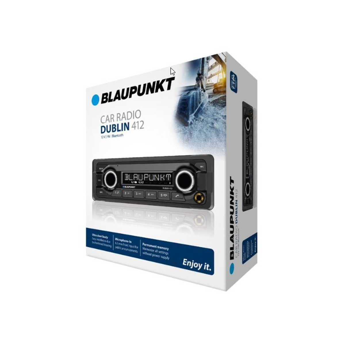 Blaupunkt Autoradio in seiner Box, mit Details und einem Bild eines Autos auf der Verpackung.
