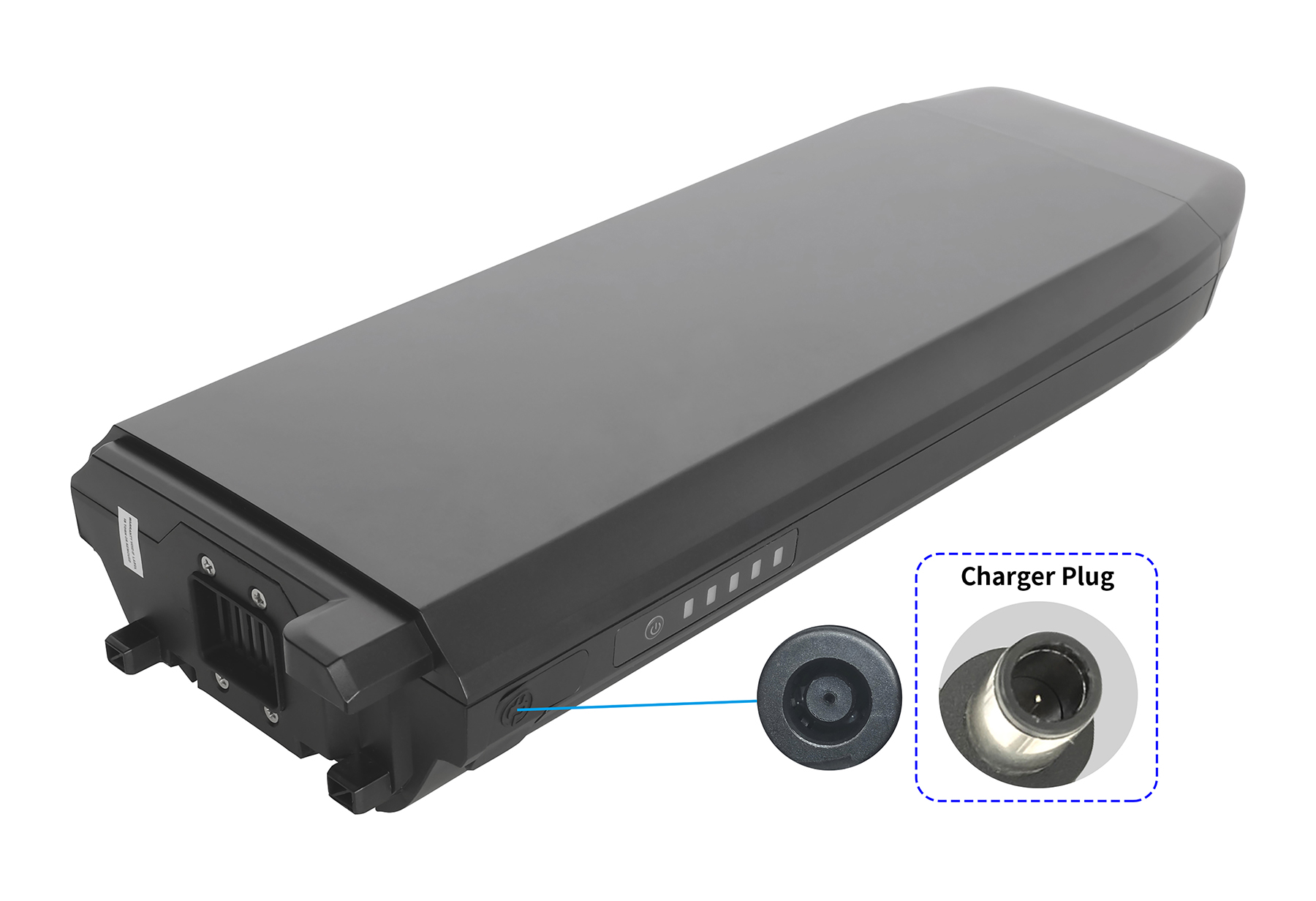 Schwarzer E-Bike-Akku mit Anschluss 'Charger Plug'. Nahaufnahme zeigt Details des Ladeanschlusses.