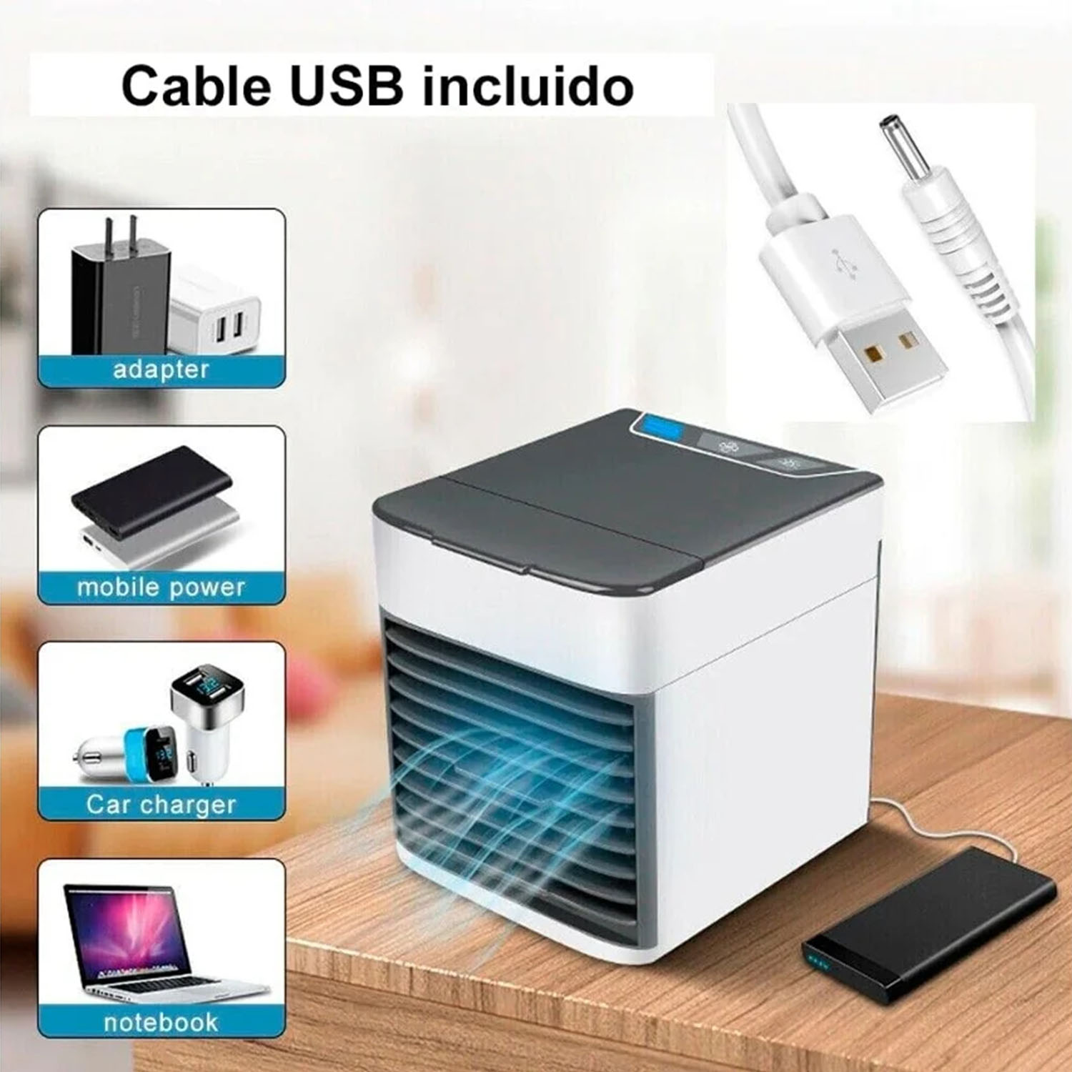 Weiß-grauer Luftkühler auf einem Holztisch, Zubehör wie Adapter, Powerbank, Autoladegerät und Laptop.