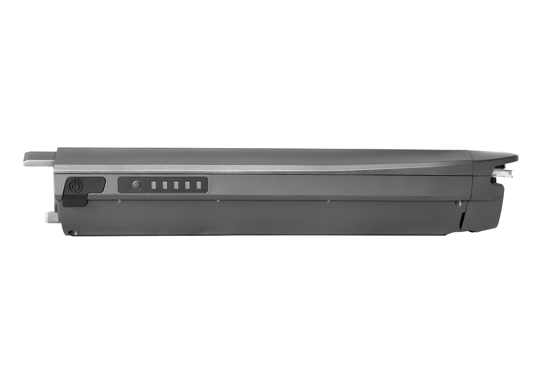 Graue, rechteckige E-Bike-Batterie mit Ladeanzeigen und Einschaltknopf. Isoliert auf Weiß.