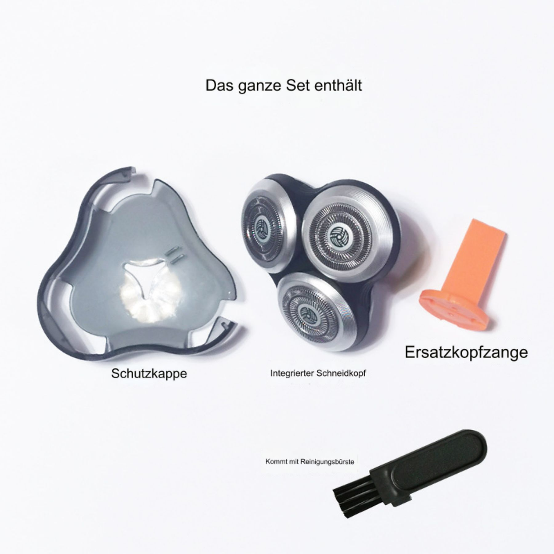 Set Rasierer-Teile: Schutzkappe, Scherkopf, Ersatzkopfzange und Reinigungsbürste.