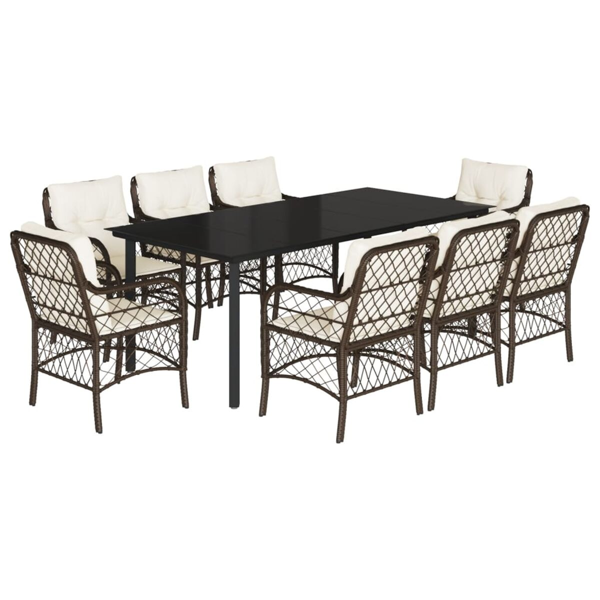 Set da pranzo per esterni. Tavolo nero e 8 sedie con telai in vimini marrone e cuscini bianchi.