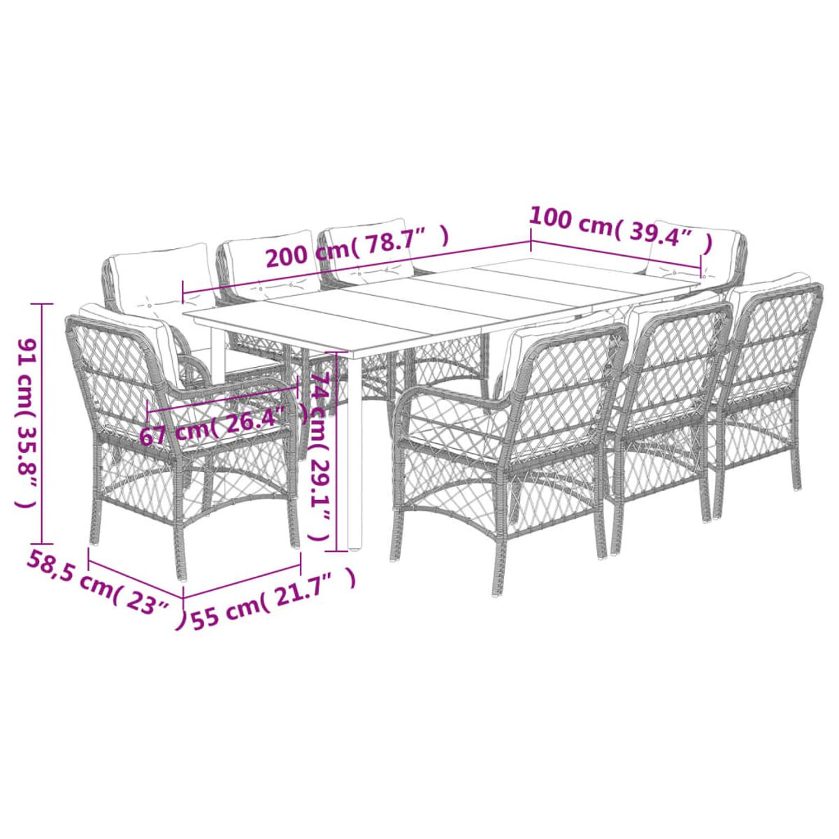 Un set da pranzo in rattan con tavolo e sedie, con dimensioni indicate.