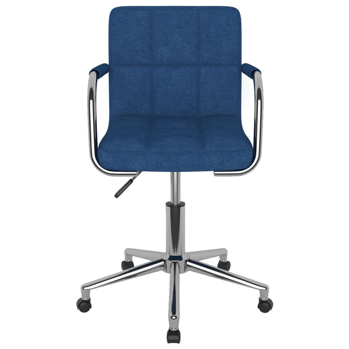 Silla de oficina azul con patas y reposabrazos cromados y asiento cuadrado azul.