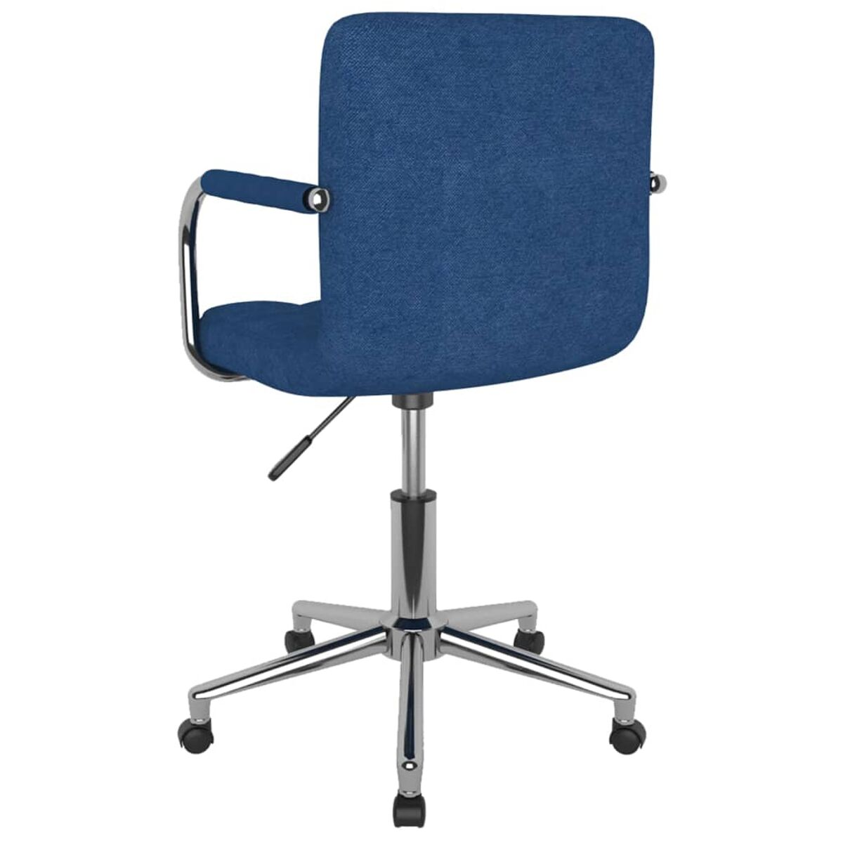 Parte trasera de una silla de oficina azul con patas y brazos cromados, sobre fondo blanco.