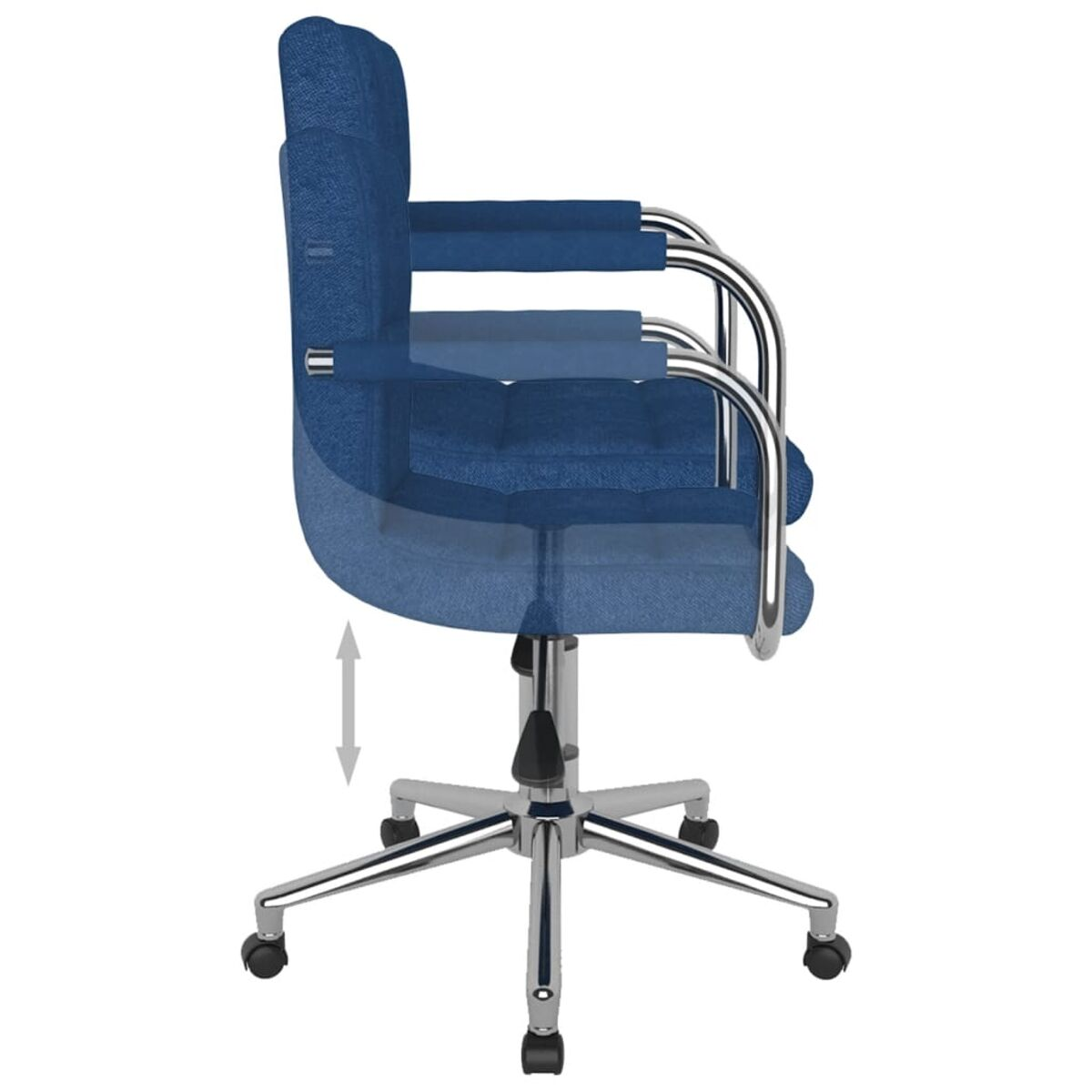 Una silla de oficina azul con brazos y base cromados; una flecha indica altura ajustable.