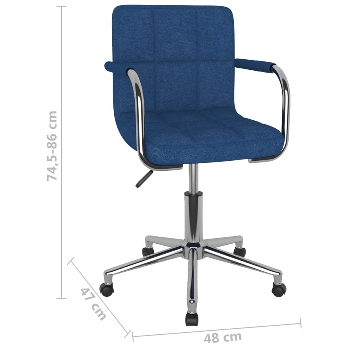 Silla de oficina azul con base cromada. Dimensiones indicadas por líneas y flechas.
