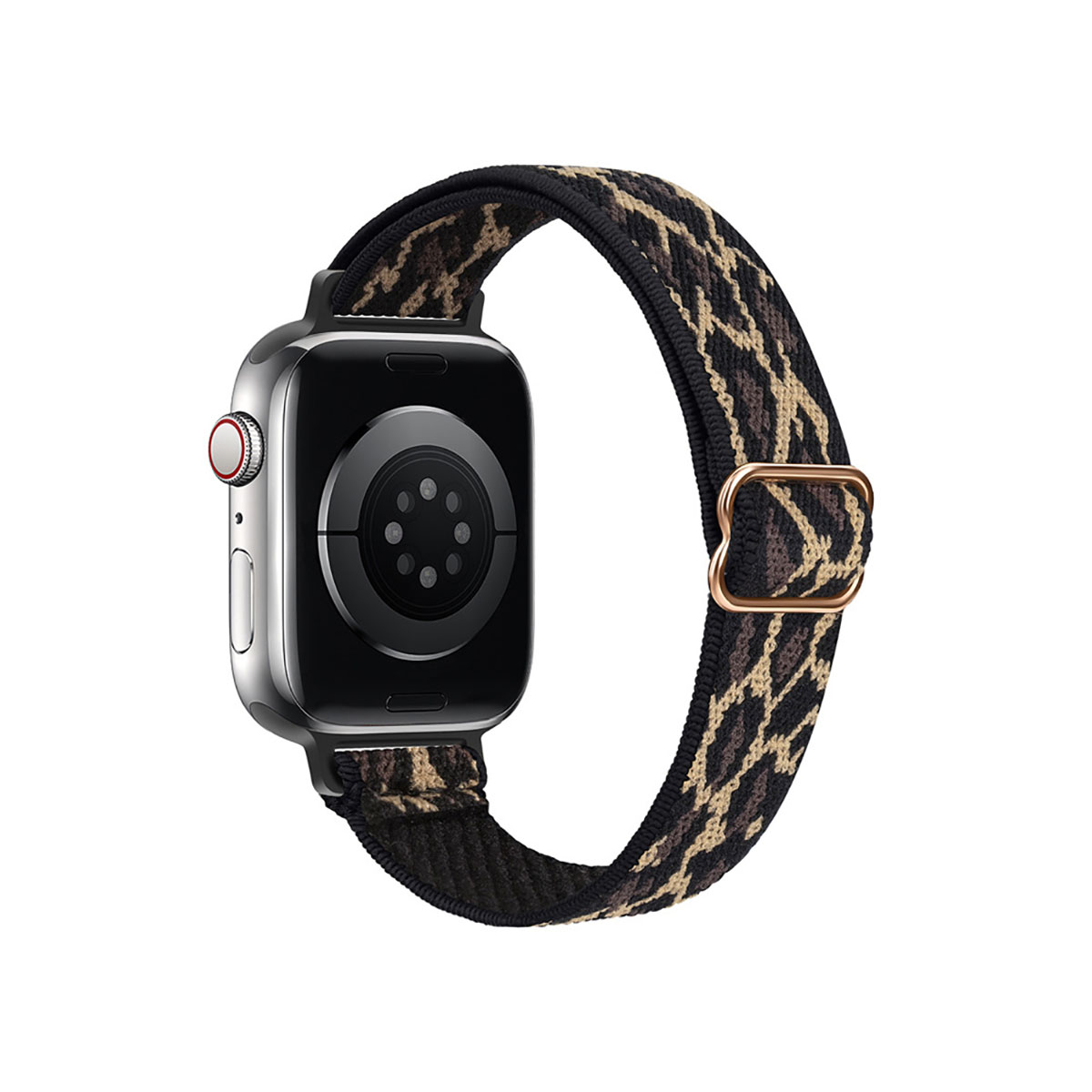 Apple Watch plateado con correa estampada negra y marrón, y cierre bronce.