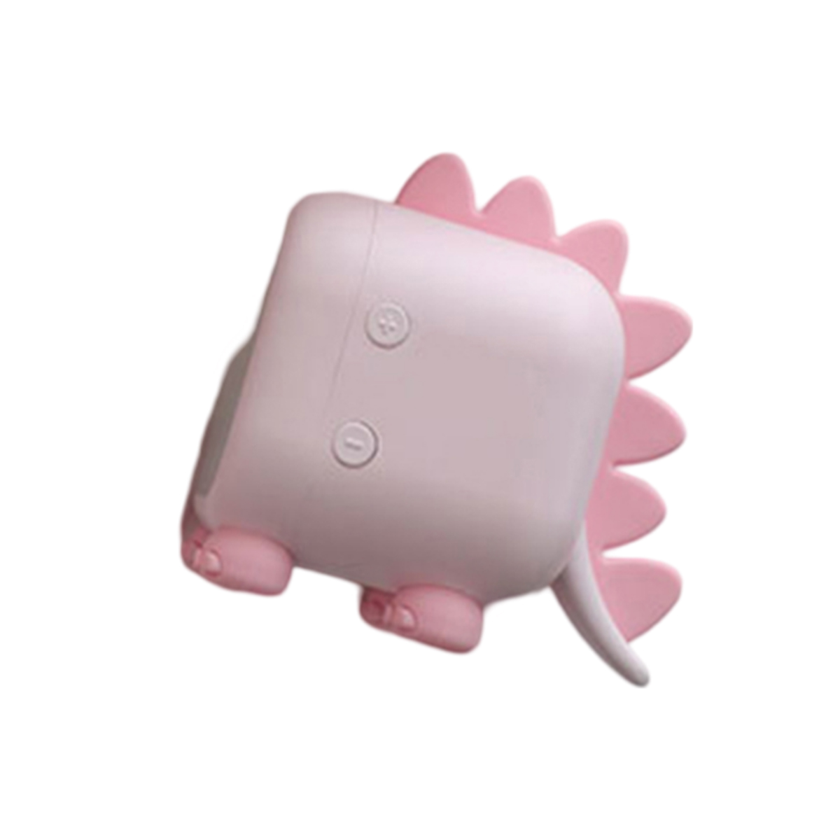 Altavoz rosa con forma de dinosaurio, con botones, sobre fondo blanco.