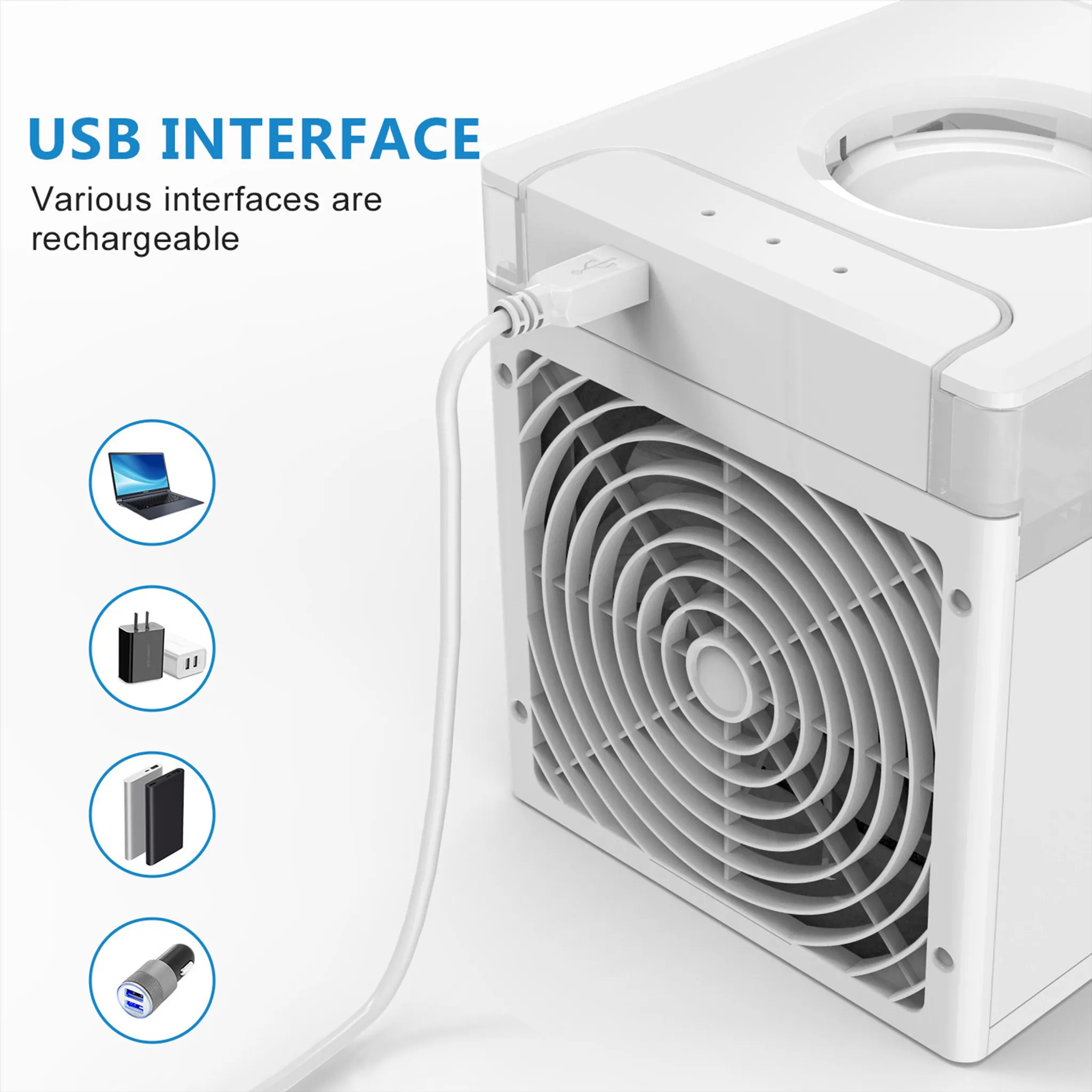 Weißer Luftkühler mit USB-Schnittstelle und verschiedenen Lademöglichkeiten.