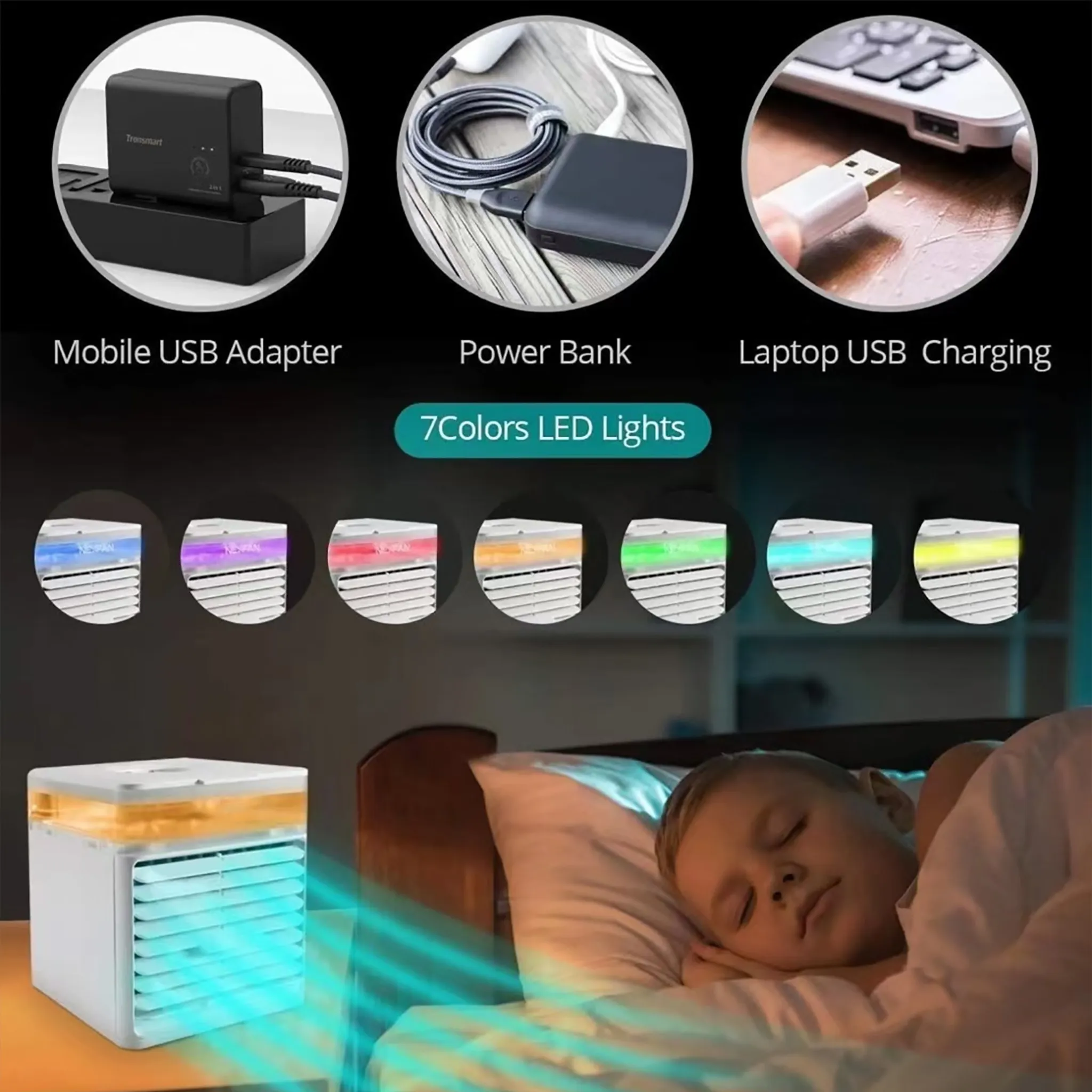 Ein kleiner, weißer Luftkühler mit blauen LED-Leuchten und ein schlafendes Kind im Hintergrund.