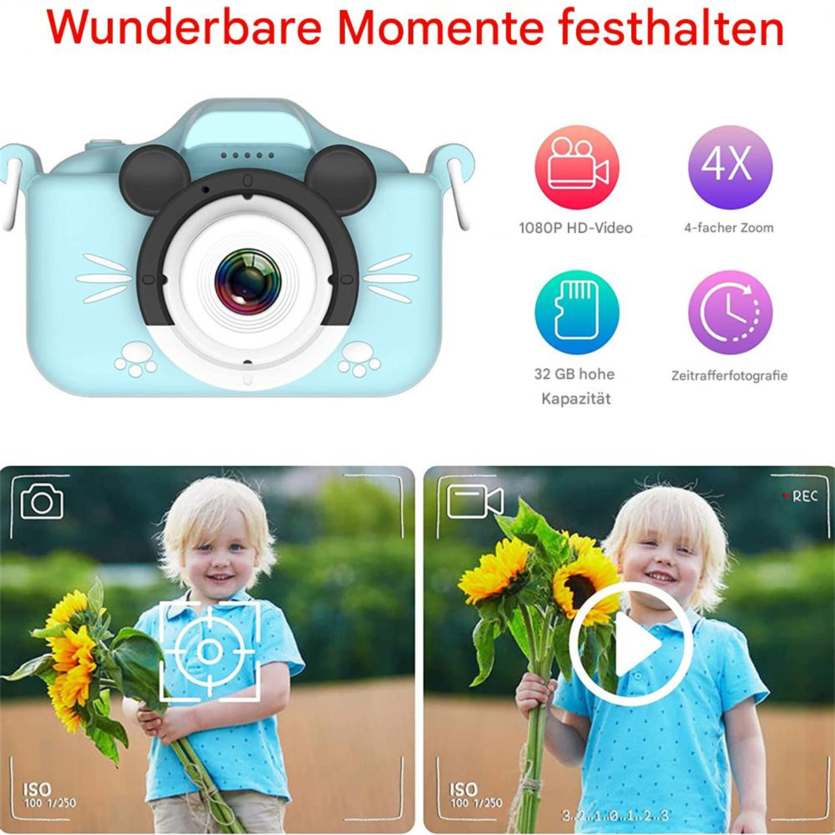 Eine blaue Spielzeugkamera mit angehängten Fotos eines Kindes mit Sonnenblumen und Symbolen.
