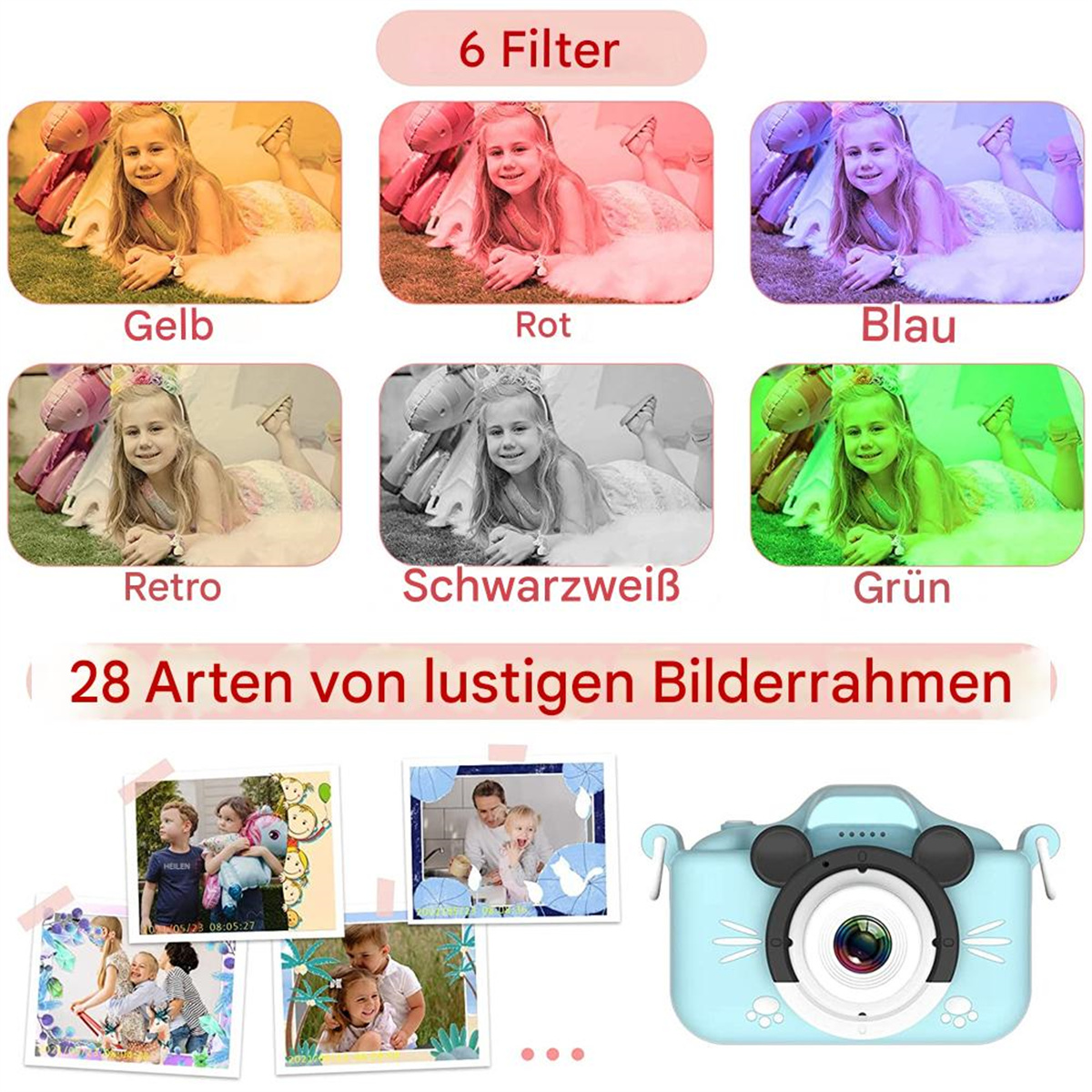 Eine Kamera mit blauem Gehäuse und schwarzem Objektiv sowie sechs Bilder mit Filtern und Beispielbildern.