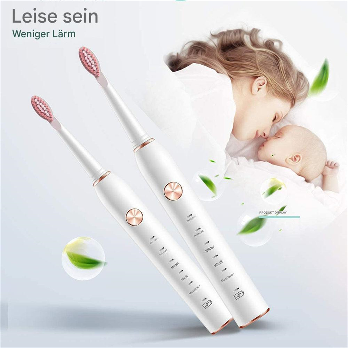 Zwei elektrische Zahnbürsten und eine Mutter mit Baby, werben für Ruhe.