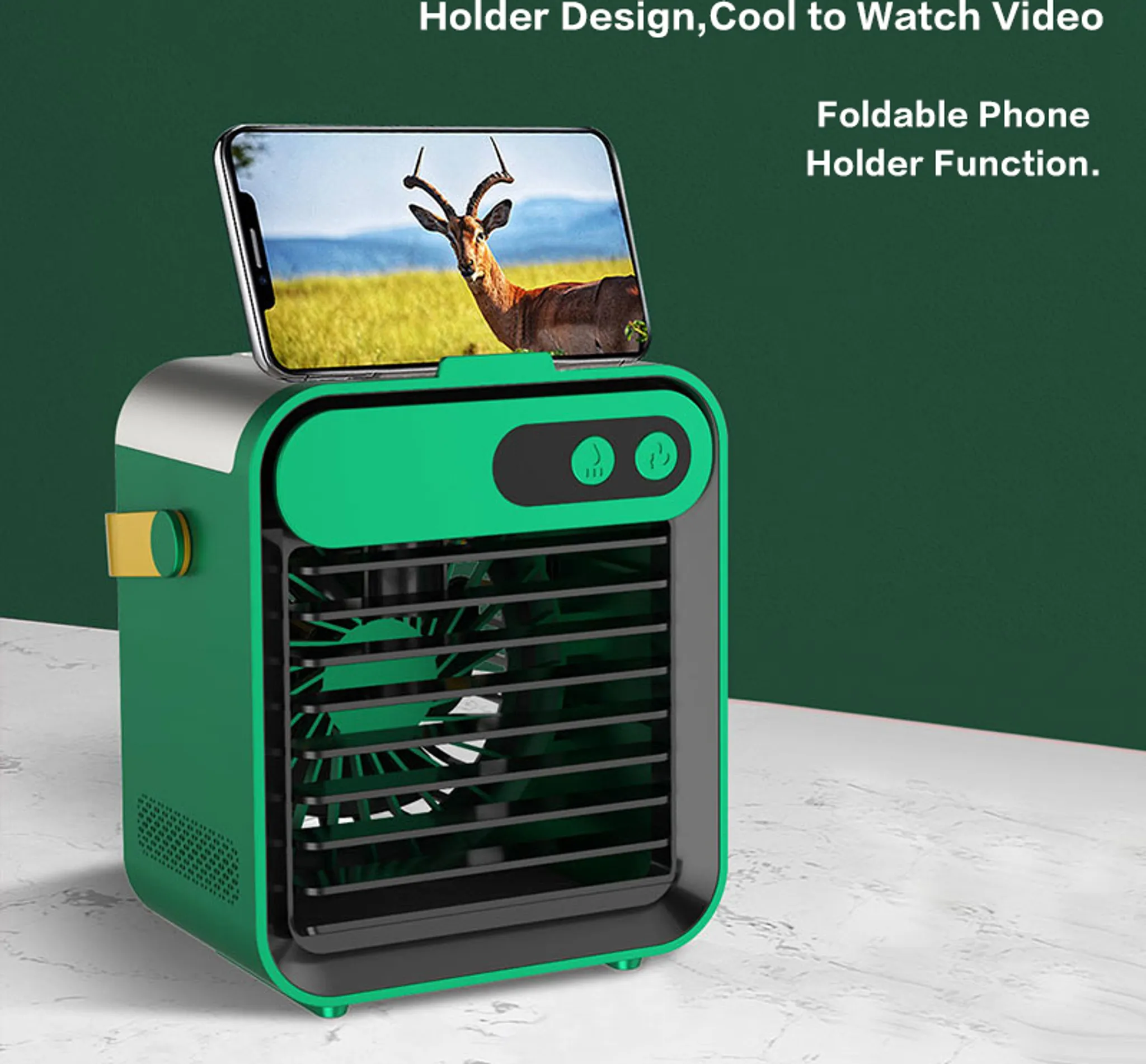 Grüner und weißer Telefonhalter mit Telefon, das ein Reh zeigt. Text: Halter-Design, Cool zum Ansehen von Videos.