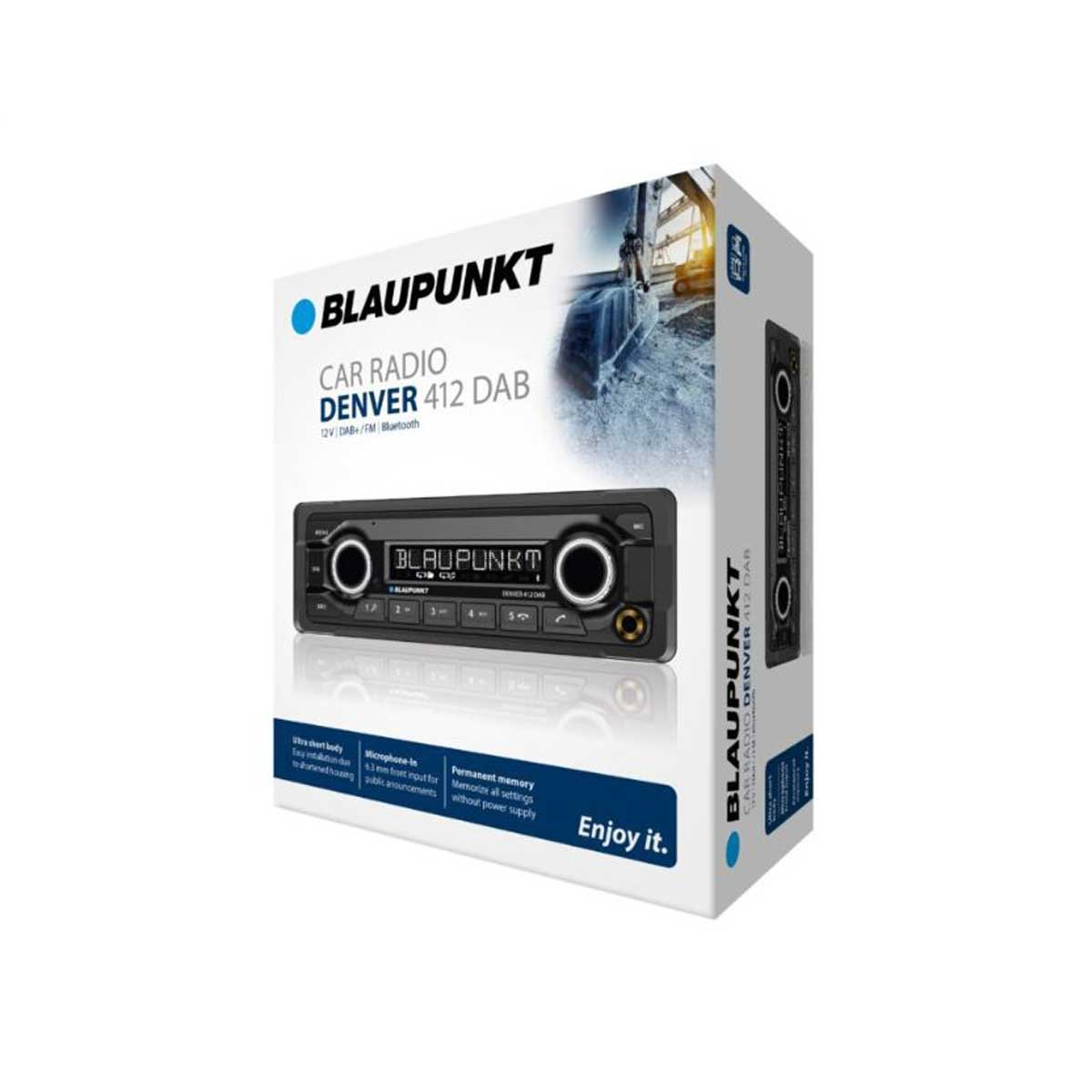 Ein Blaupunkt Autoradio in seiner Verpackung, mit Funktionen auf der Box.