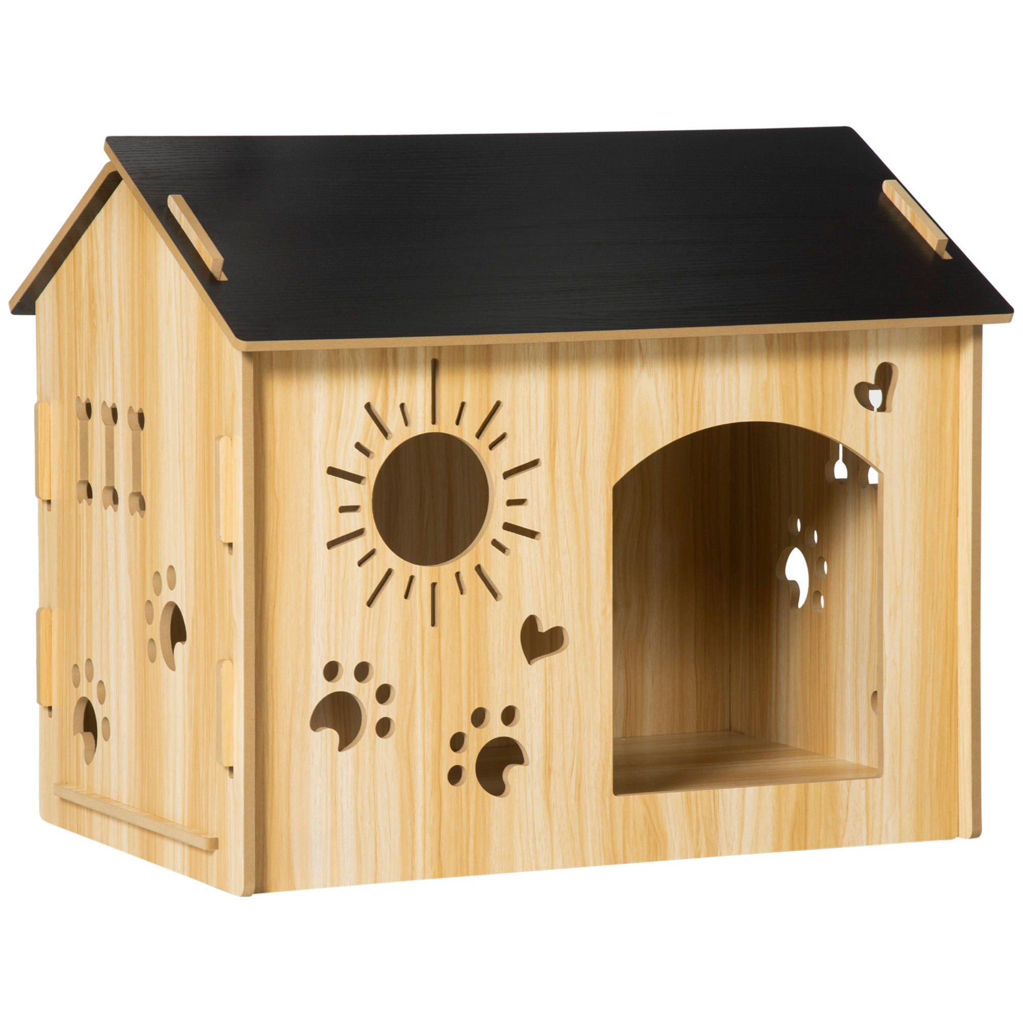 Hundehütte aus Holz mit dekorativen Ausschnitten. Enthält Pfotenabdrücke, Sonne und Herzformen.