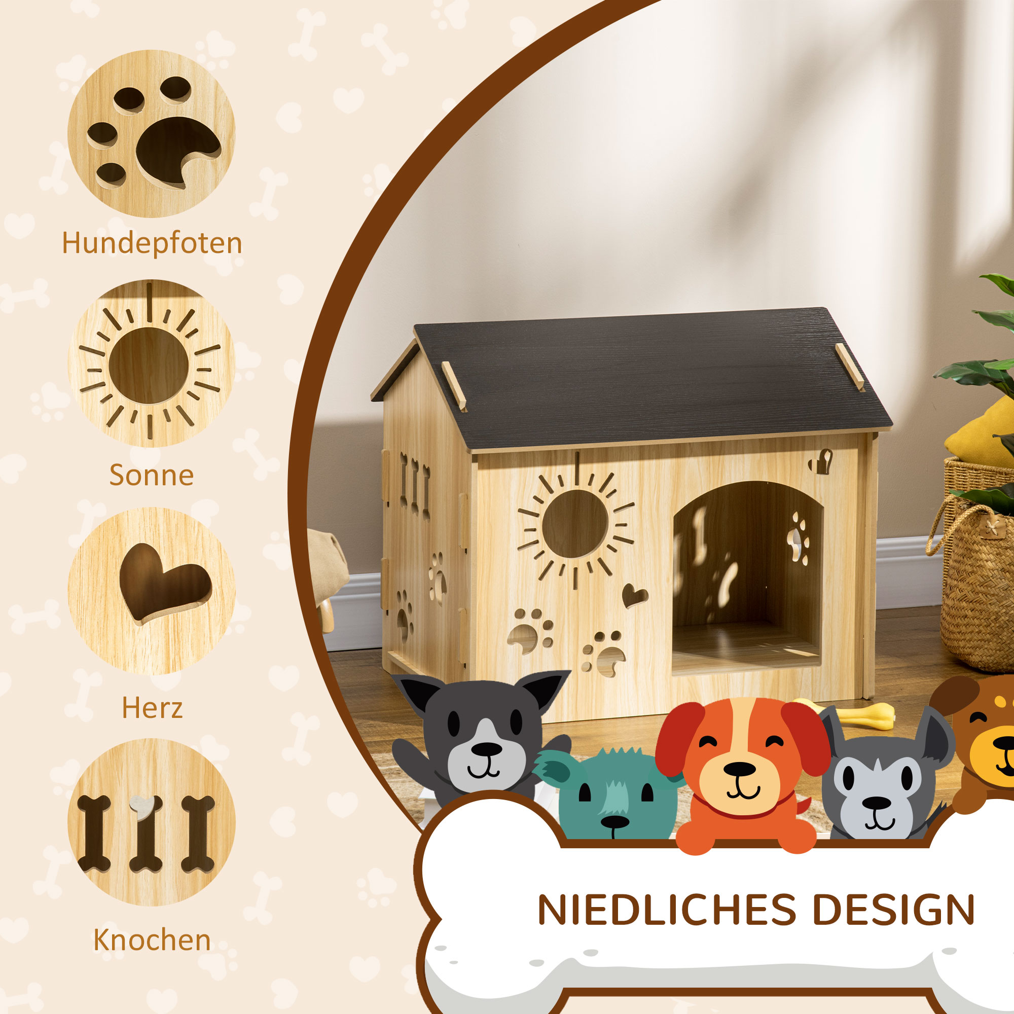Hundehütte aus Holz mit Hunde-Cartoonfiguren am Boden. Dekorationen aus Pfote, Sonne, Herz und Knochen.