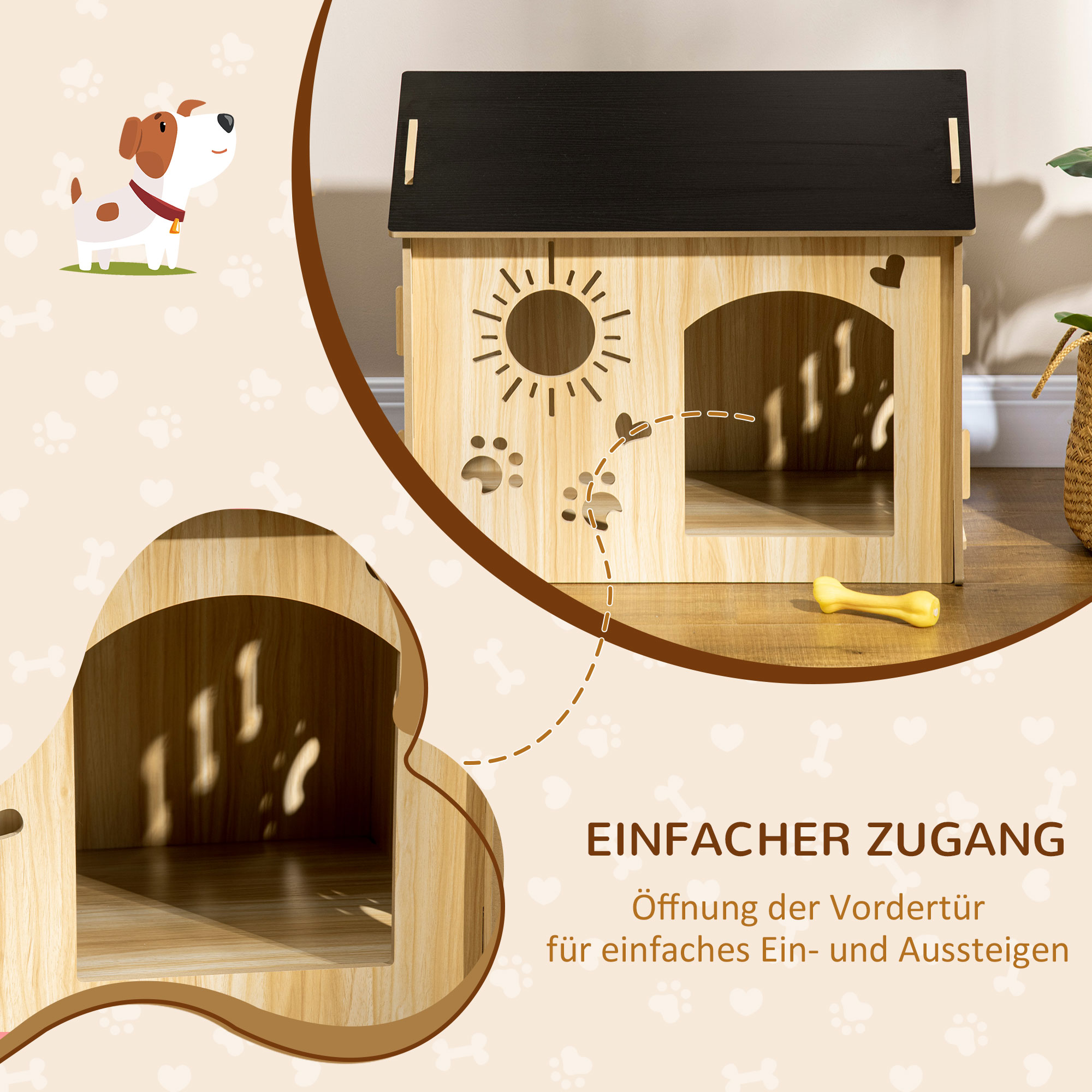 Hundehütte aus Holz mit offener Tür und Knochen. Text: Einfacher Zugang, Öffnung der Vordertür für einfachen Einstieg.