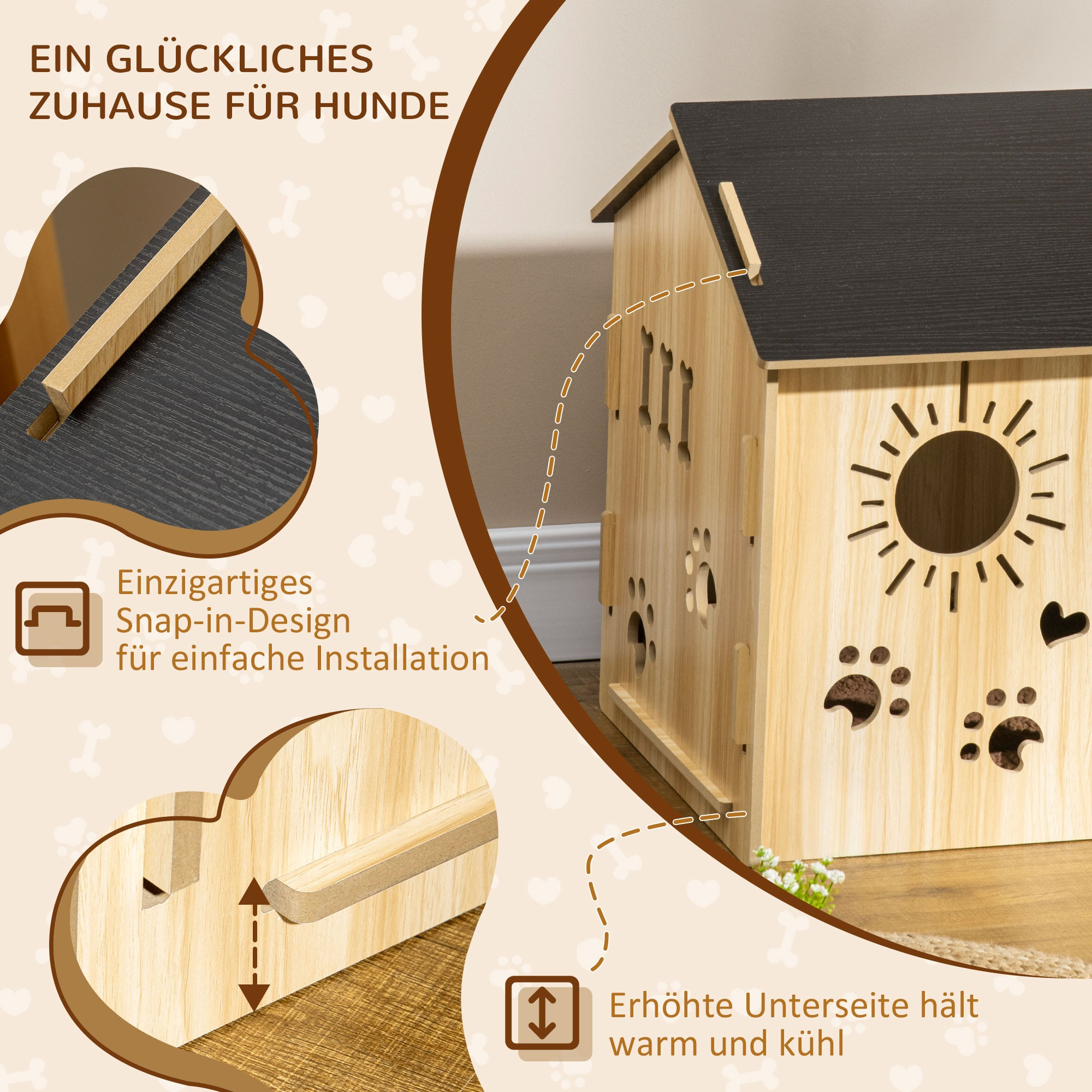Ein hölzernes Hundehäuschen mit Pfotenabdrücken und einem Sonnendesign, mit einer Skizze eines Einrastdesigns.