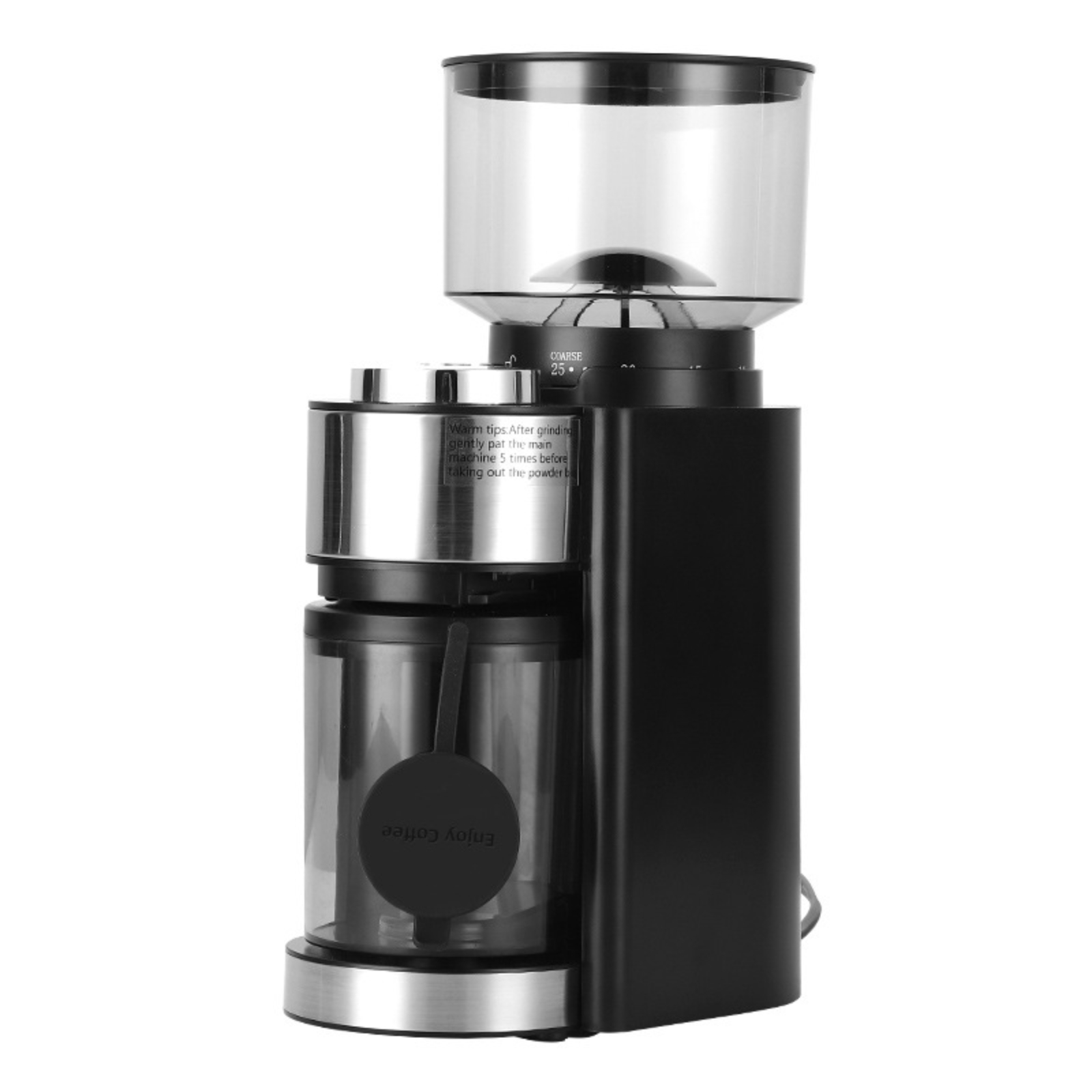 Eine schwarze Kaffeemühle mit transparentem Behälter und dem Aufkleber Enjoy Coffee.
